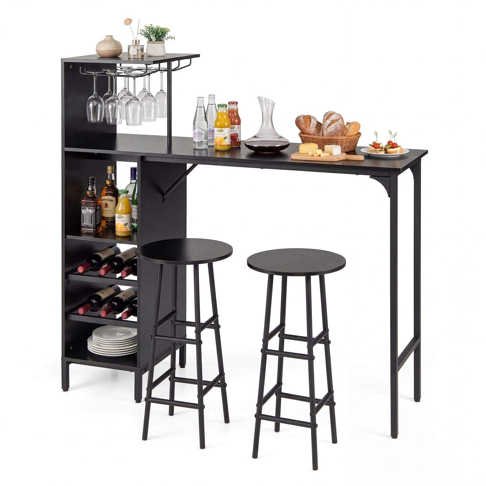 Barbordsæt til 2 personer med vinreol og skamler, sort