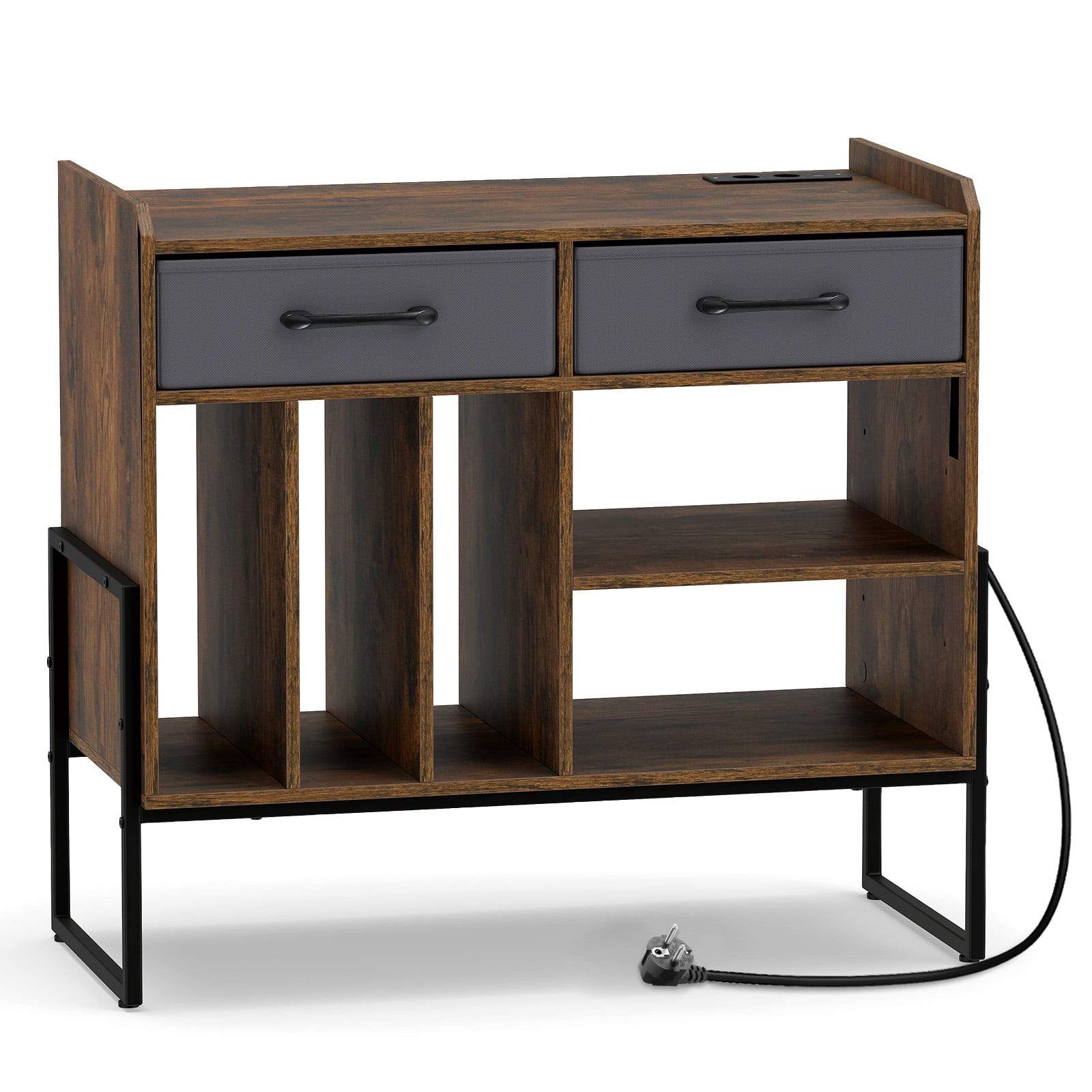 Vinylpladestativ med USB og strømudtag – Brun