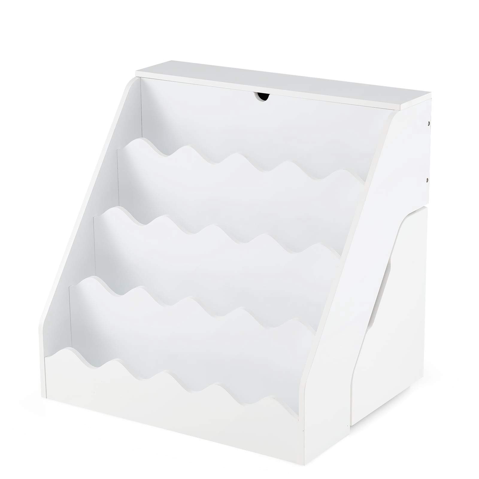 Børnebogreol med 4 niveauer, skuffe og hjul – hvid