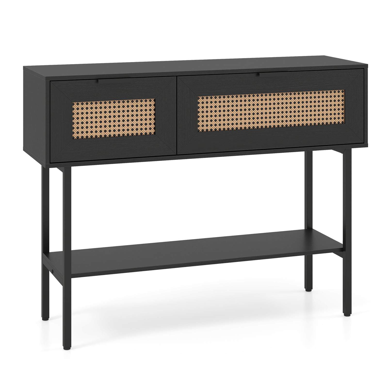 Sort boho konsolbord med 2 hylder og rattandesign