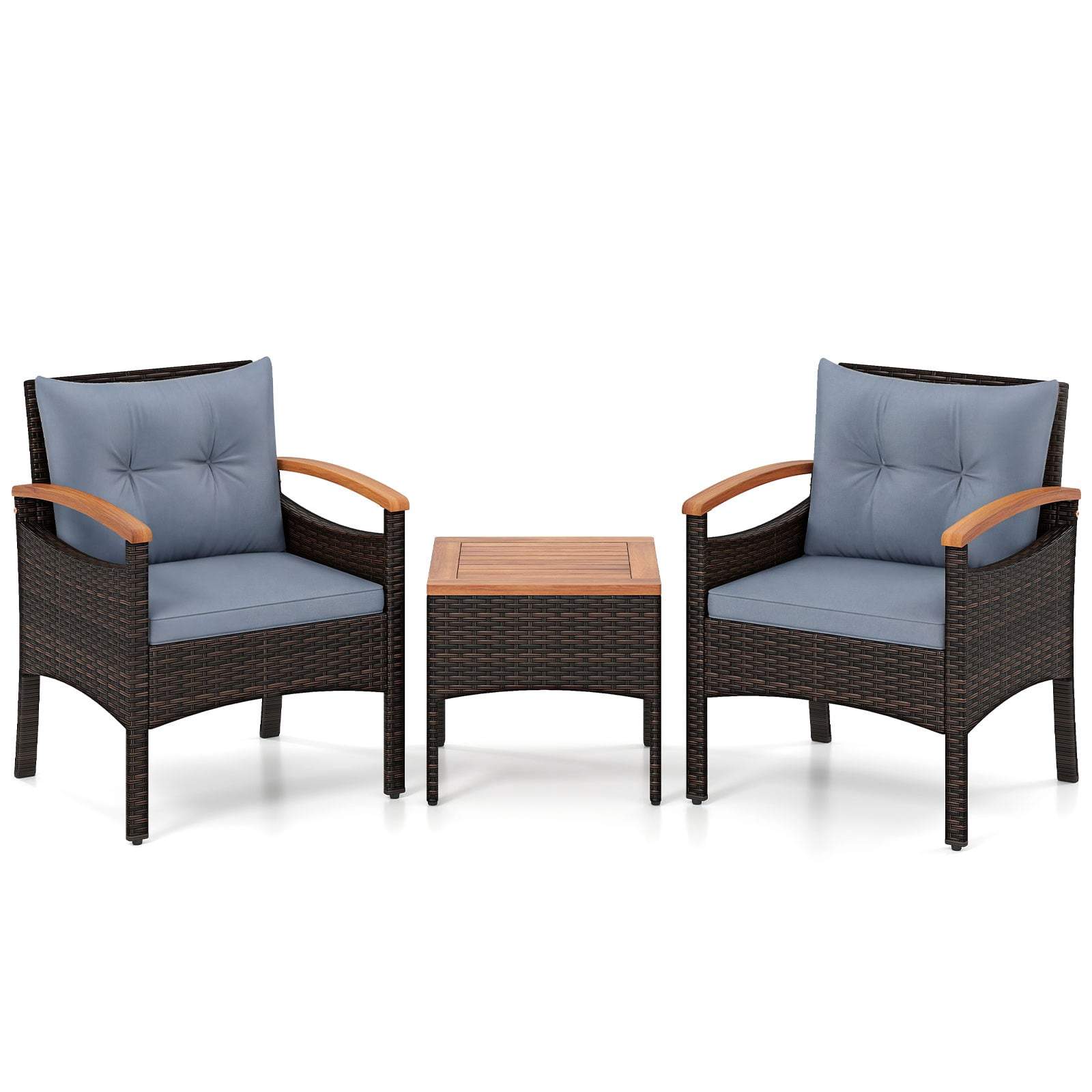 3-delt rattan havemøbelsæt med hynder og træbord