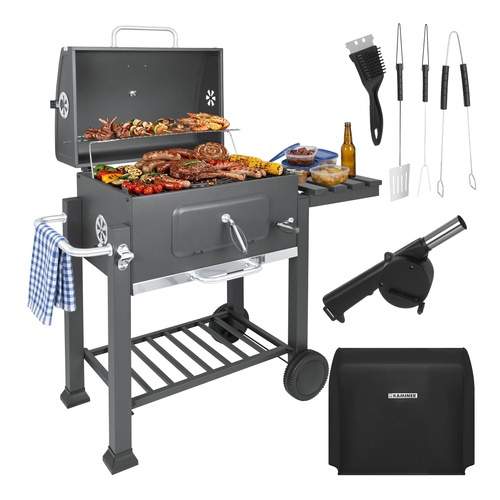 Trädgårdskolgrill med lock, gjutjärnsgaller, termometer | Hem & Hobby | Pryloteket