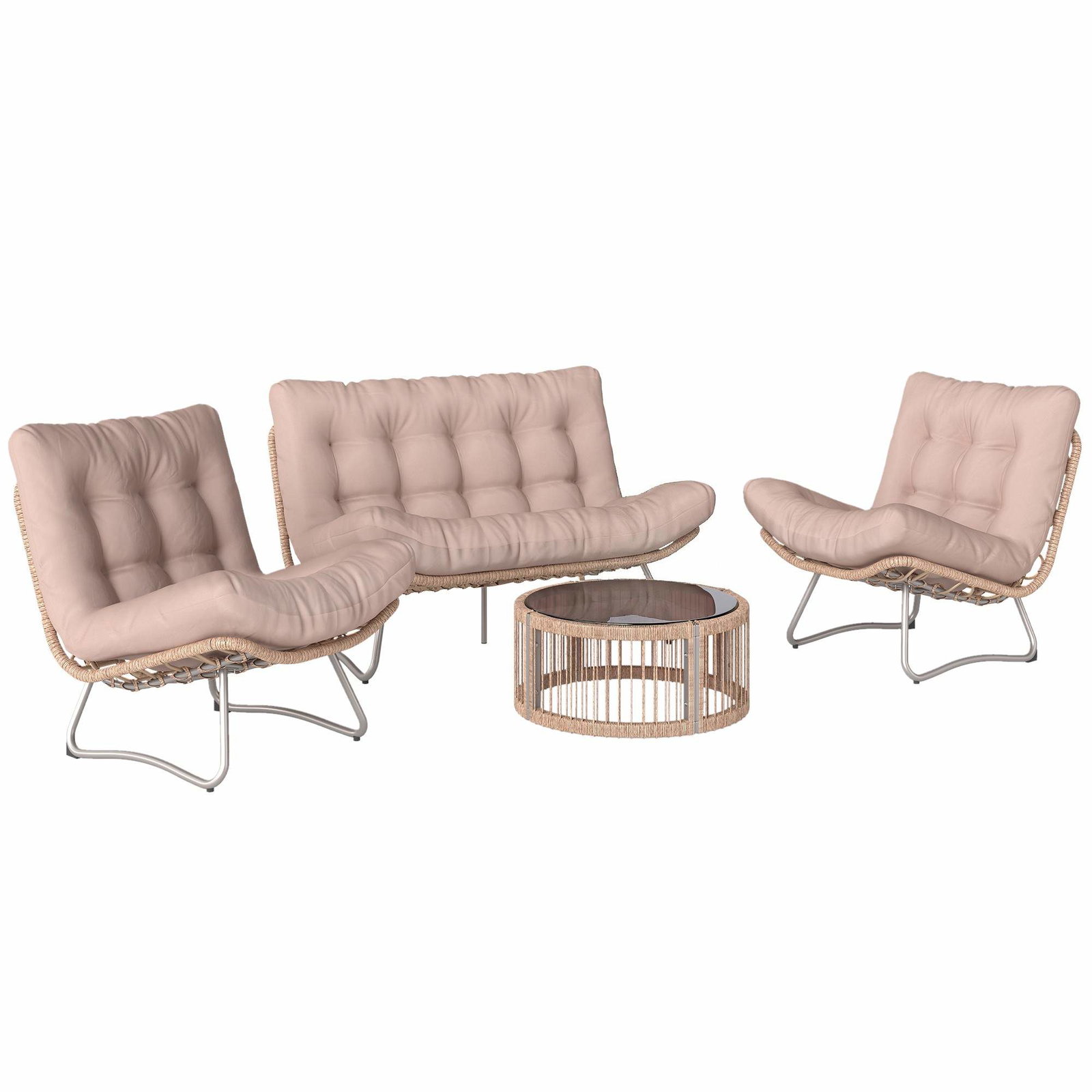 4-delt rattan loungesæt – sofa, stole, glasbord
