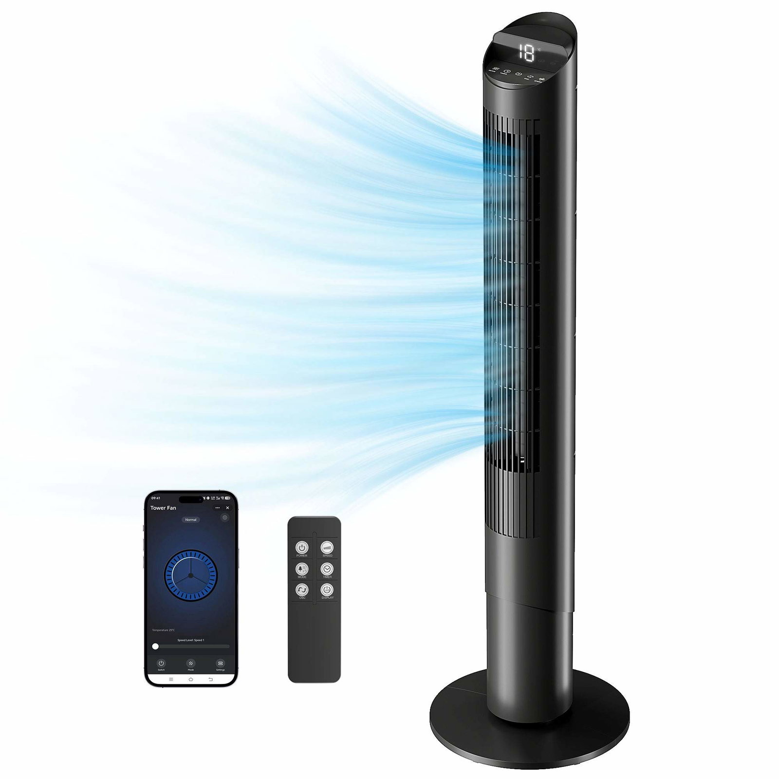 Tårnventilator med fjernbetjening, WiFi-kontrol – 6 hastigheder, 4 tilstande
