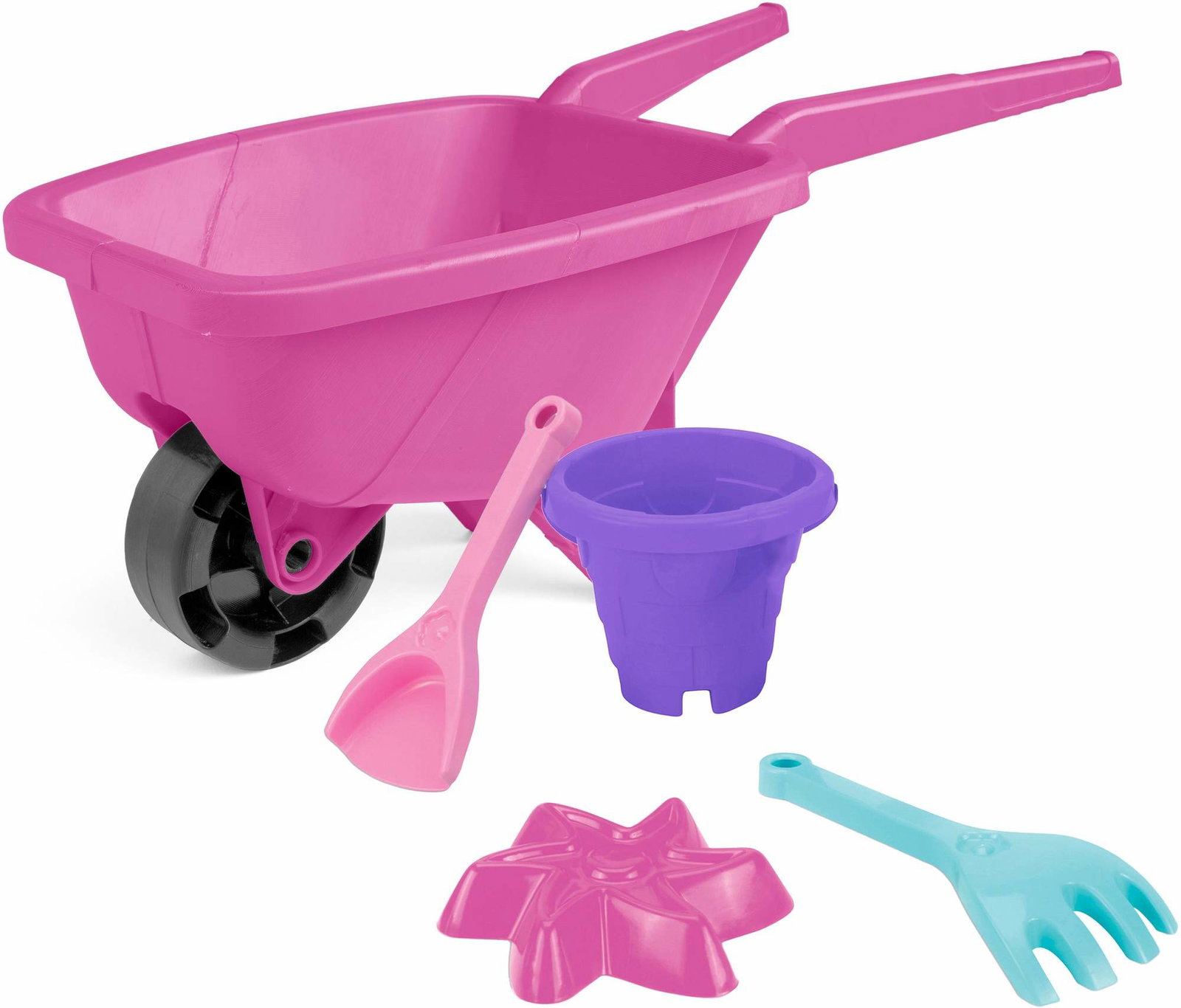 Pink trillebørsandsæt med spand, skovl og rive