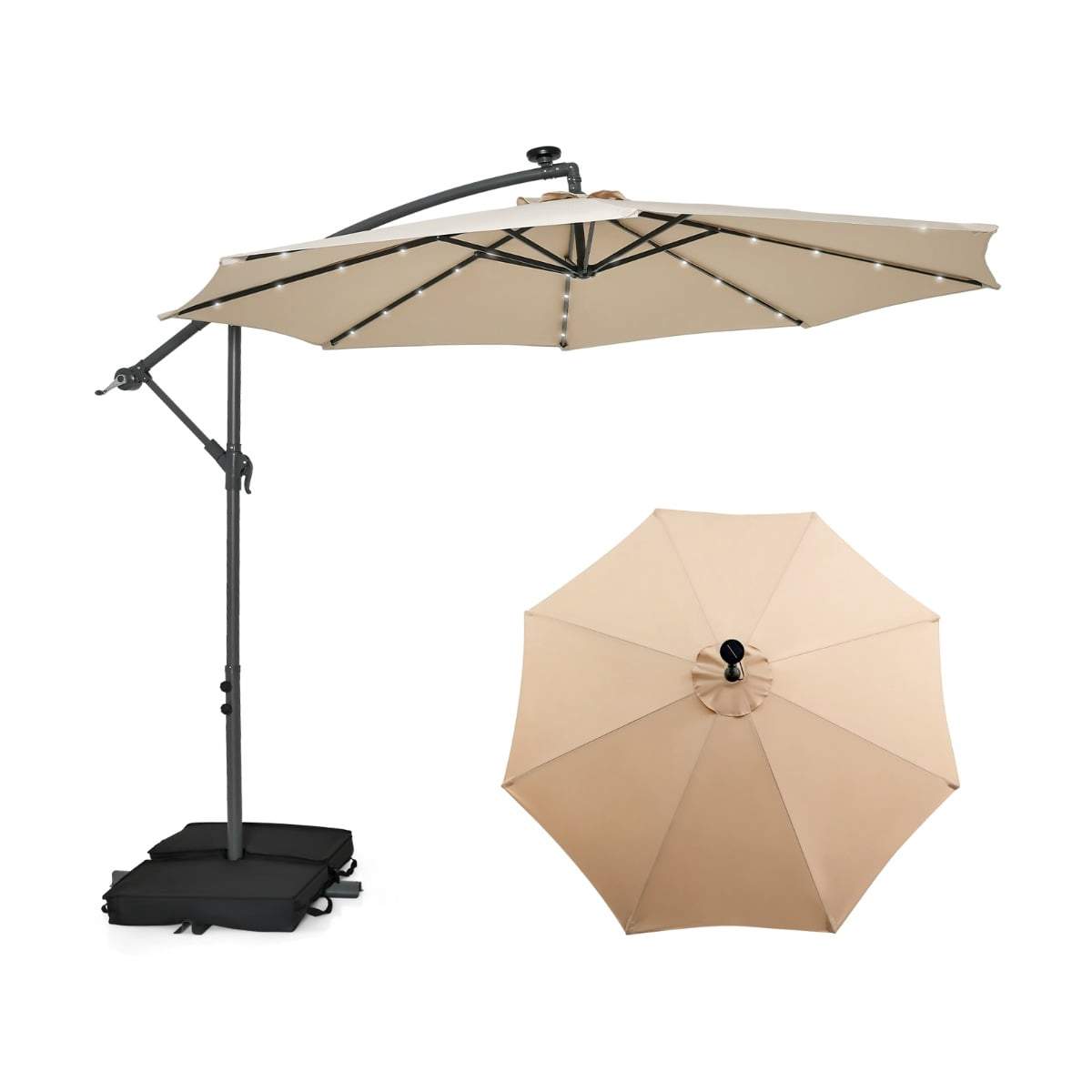 Beige terrasseparasol med solcelledrevne LED-lys og UV-beskyttelse