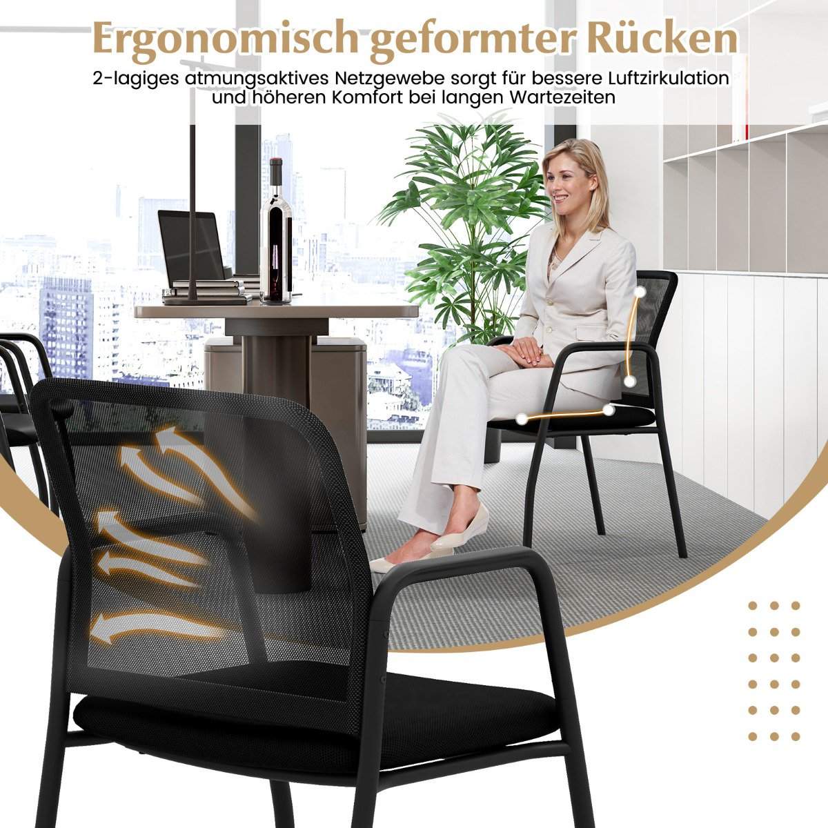Konferencestole sæt med 2 – Ergonomiske, åndbare, sorte