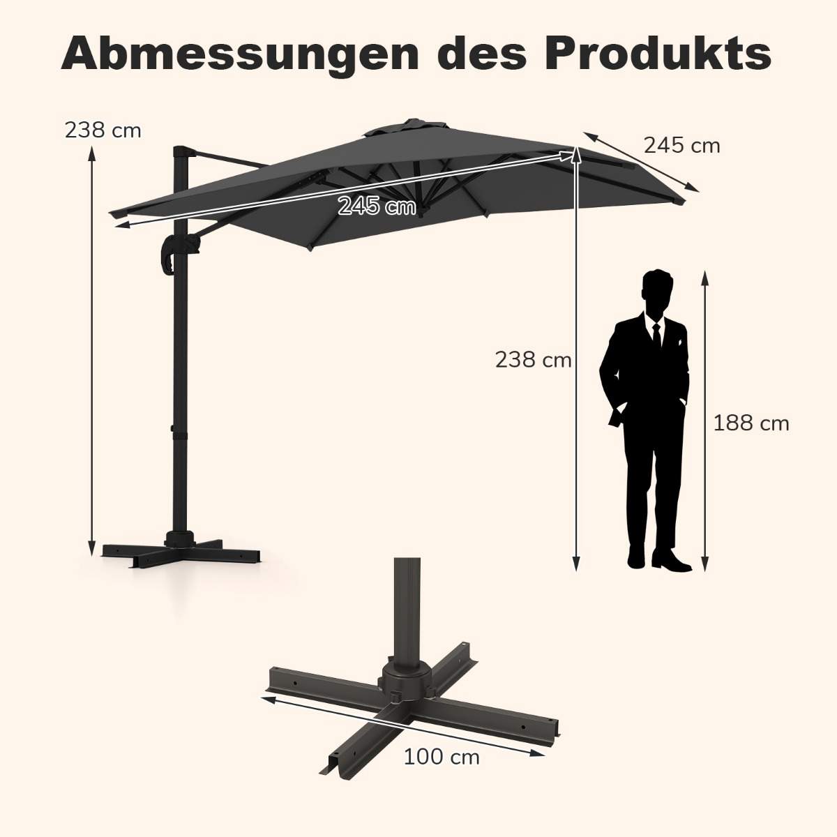Grå rektangulær terrasseparasol – 250x250 cm, justerbar hældning