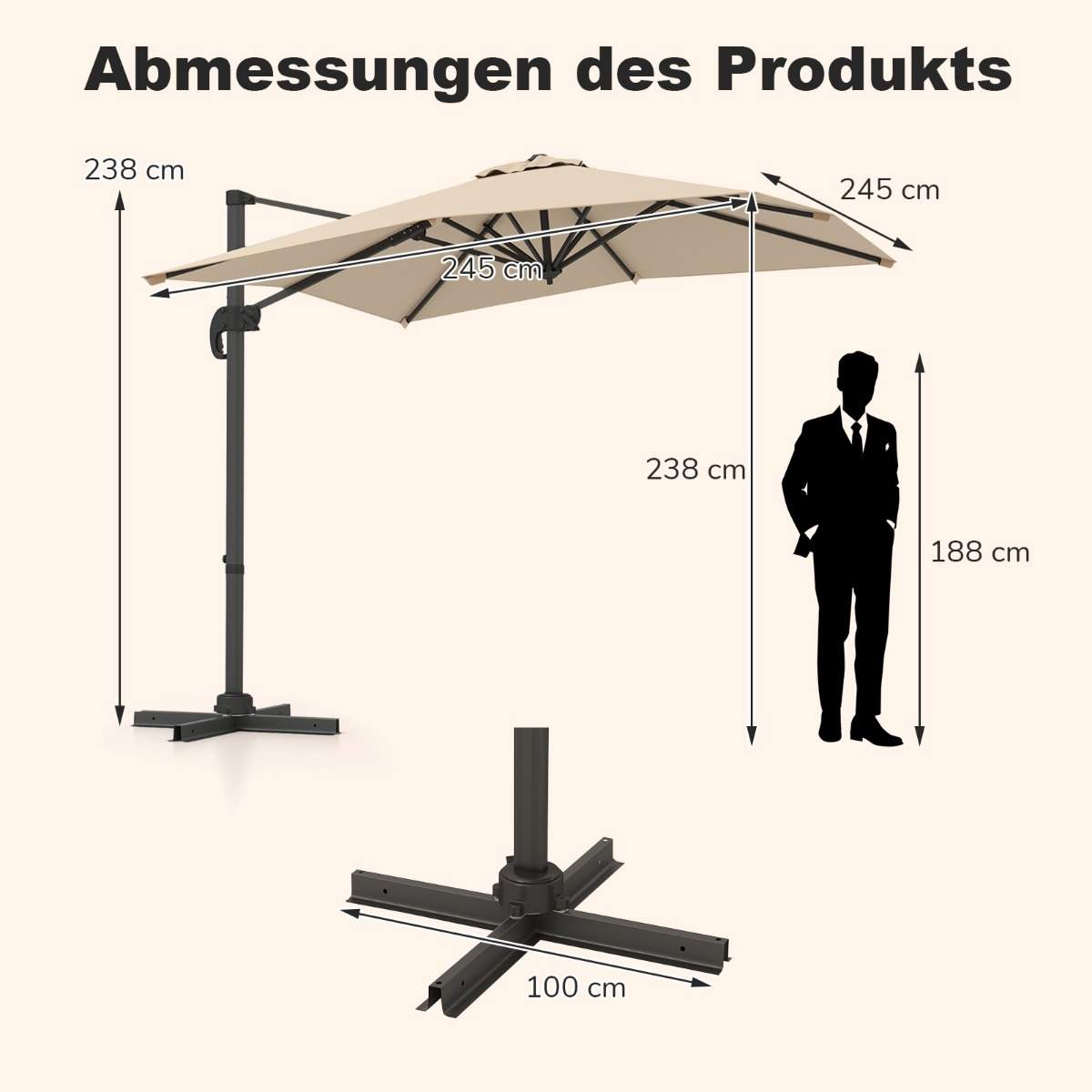 Rektangulær terrasseparasol 250x250 cm, beige, justerbar