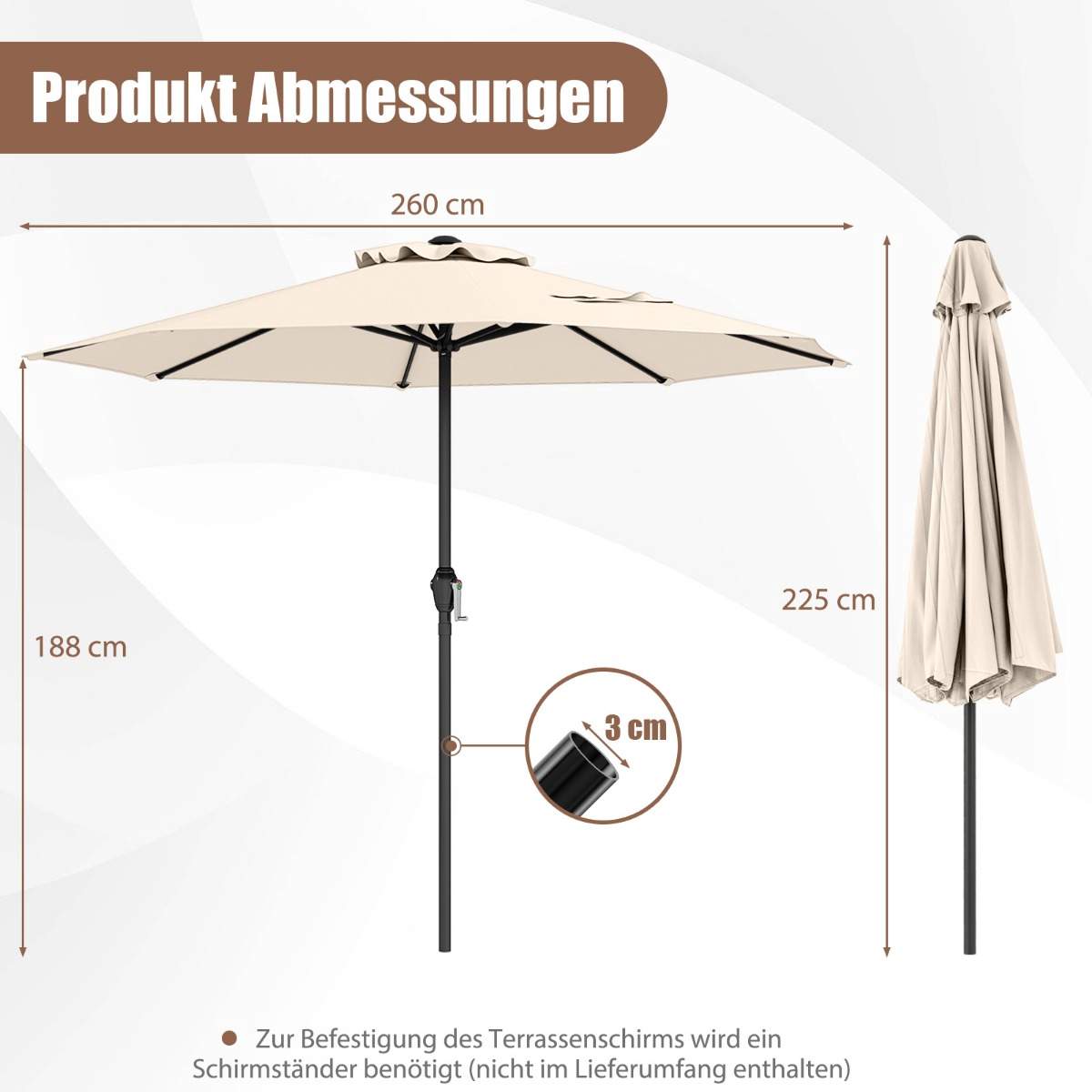 Beige terrasseparasol 250 cm – Holdbart, nemt drejesystem