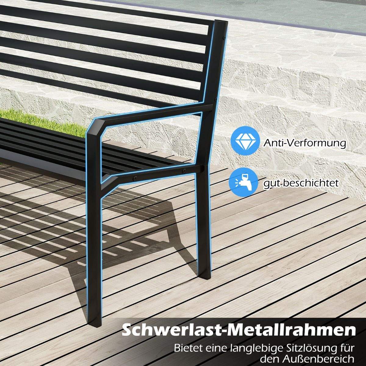 Udendørs metalbænk – sort, 2-3 personer, ergonomisk design
