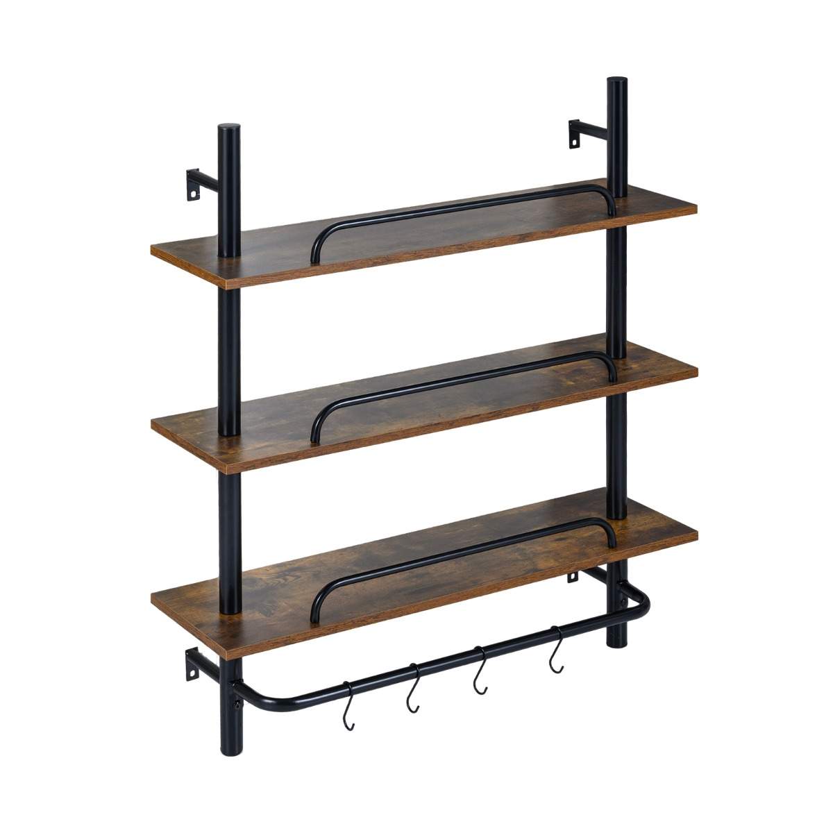Industriel vægreol med rør – 3 niveauer, kroge, 80,5x24x97 cm
