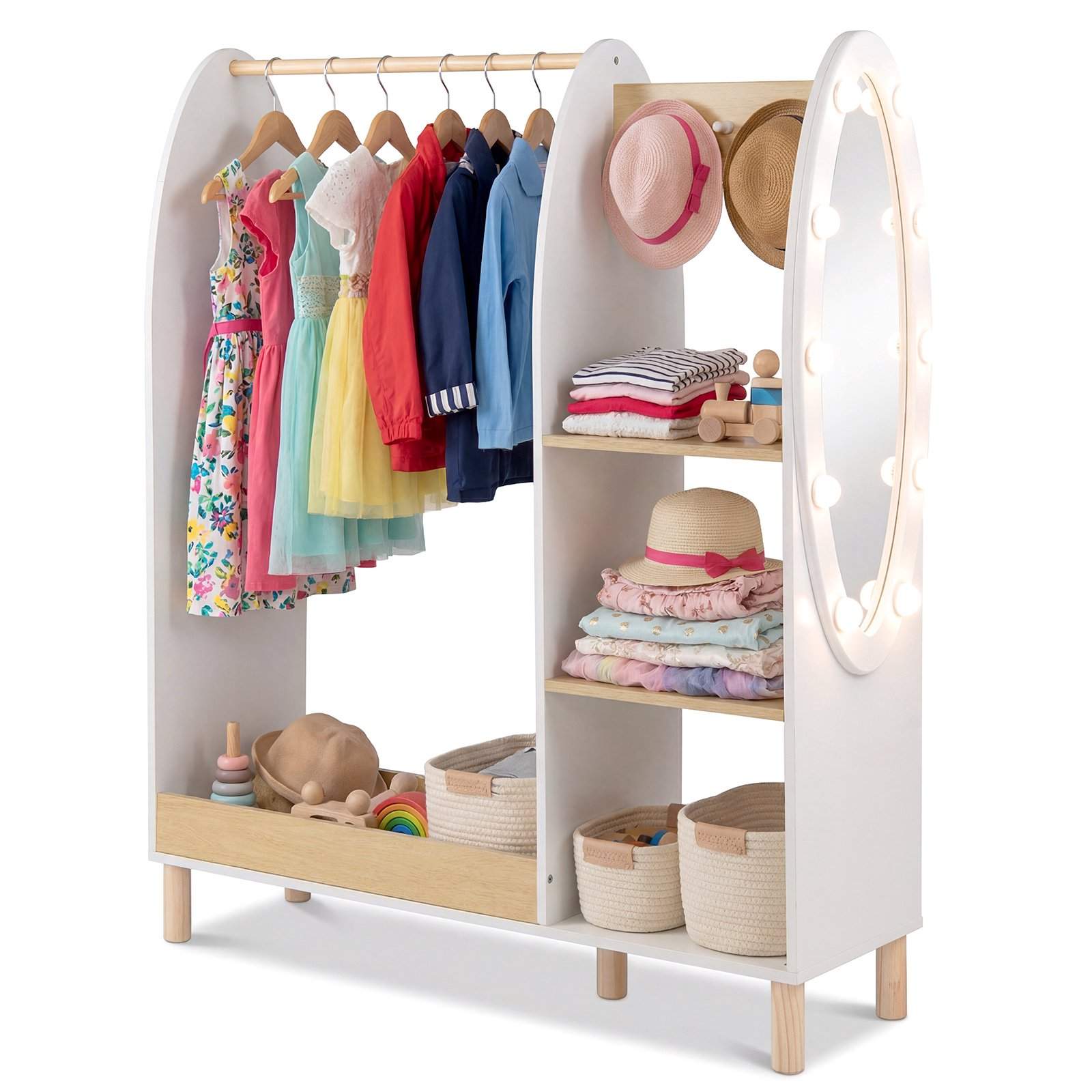 Børnegarderobe med LED-spejl, hylder og kroge