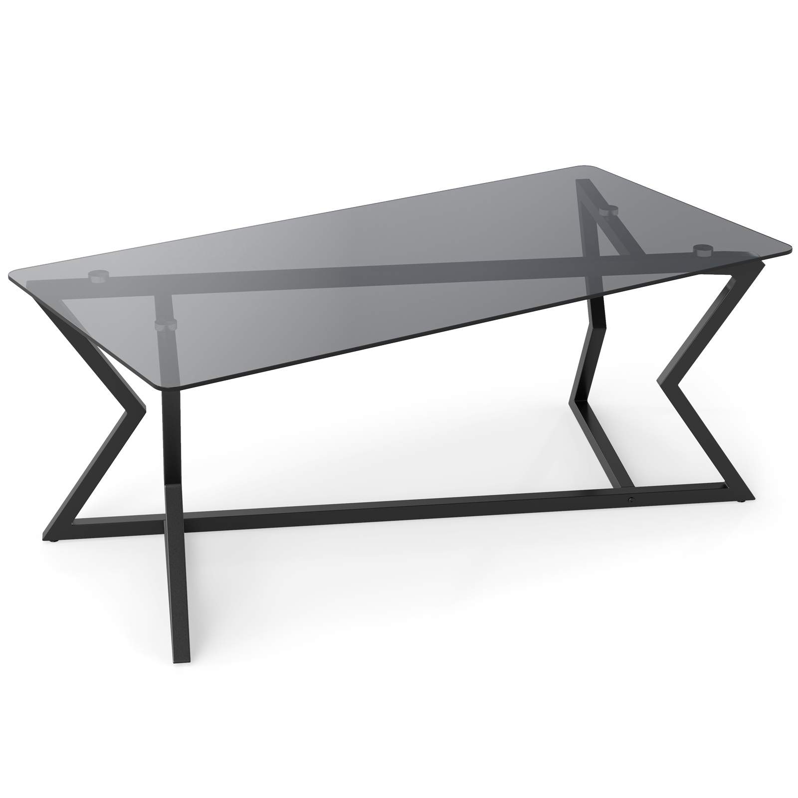 Rektangulært sofabord i glas med geometrisk metalramme