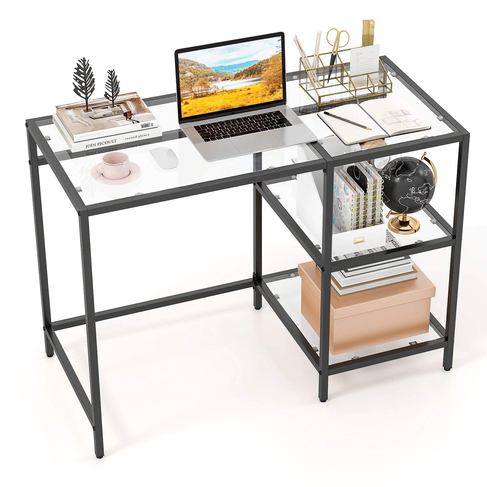 Sort computerbord i glas med opbevaringshylder