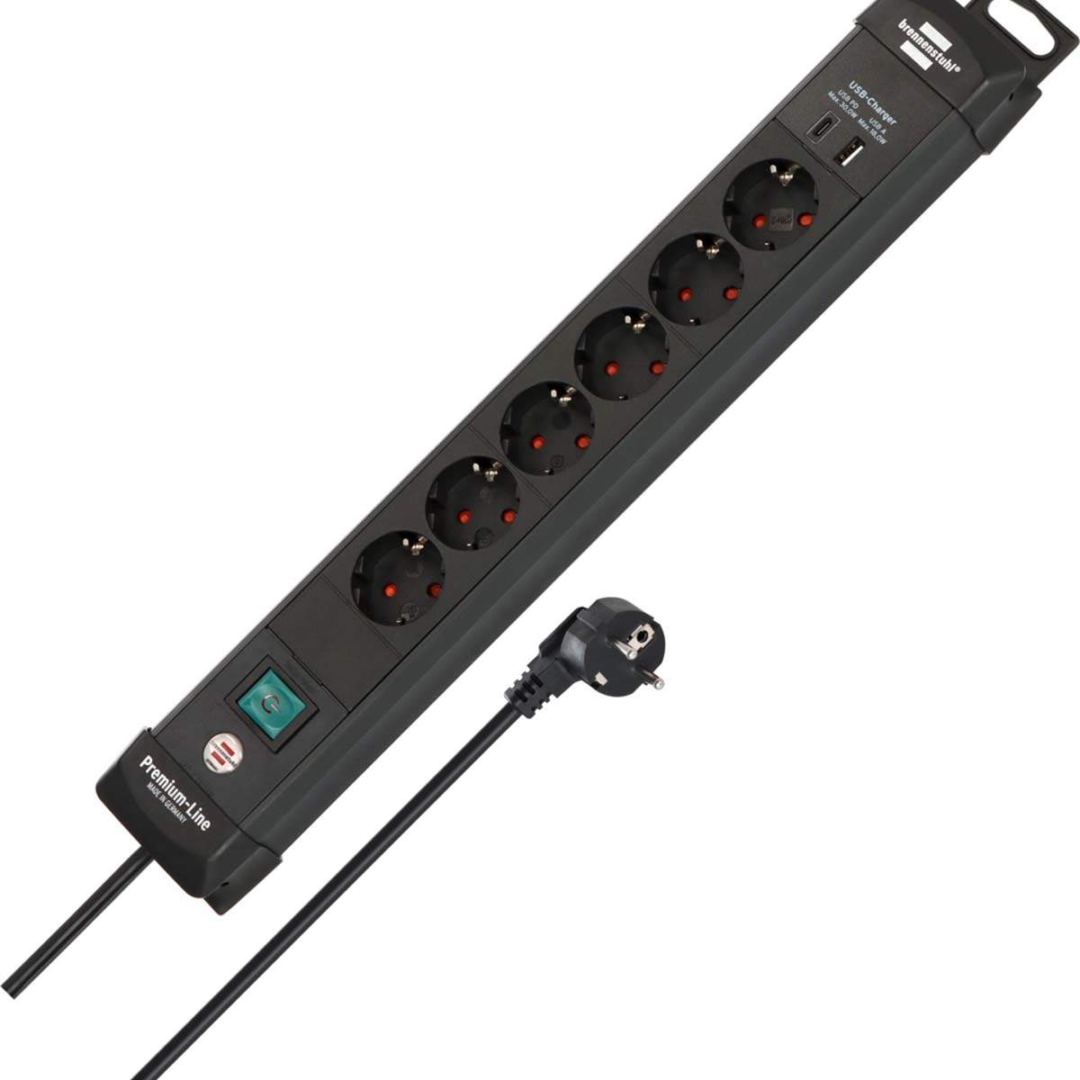 6-vejs forlængerstik med USB C PD, 1,8 m kabel