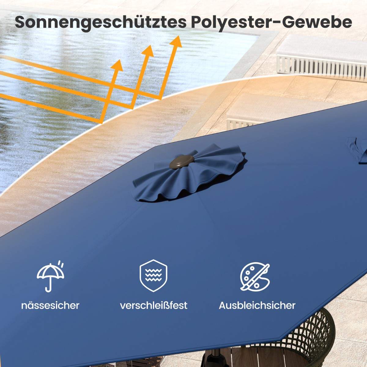 Terrasseparasol 230 cm – Kip- og drejefunktion, Marineblå