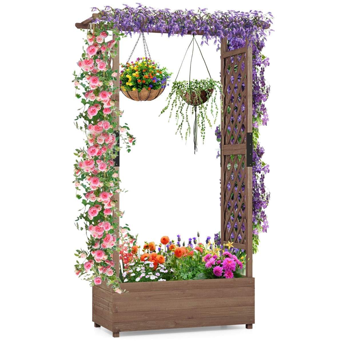 Højbed i træ med espalier og tag, 110x44x182 cm