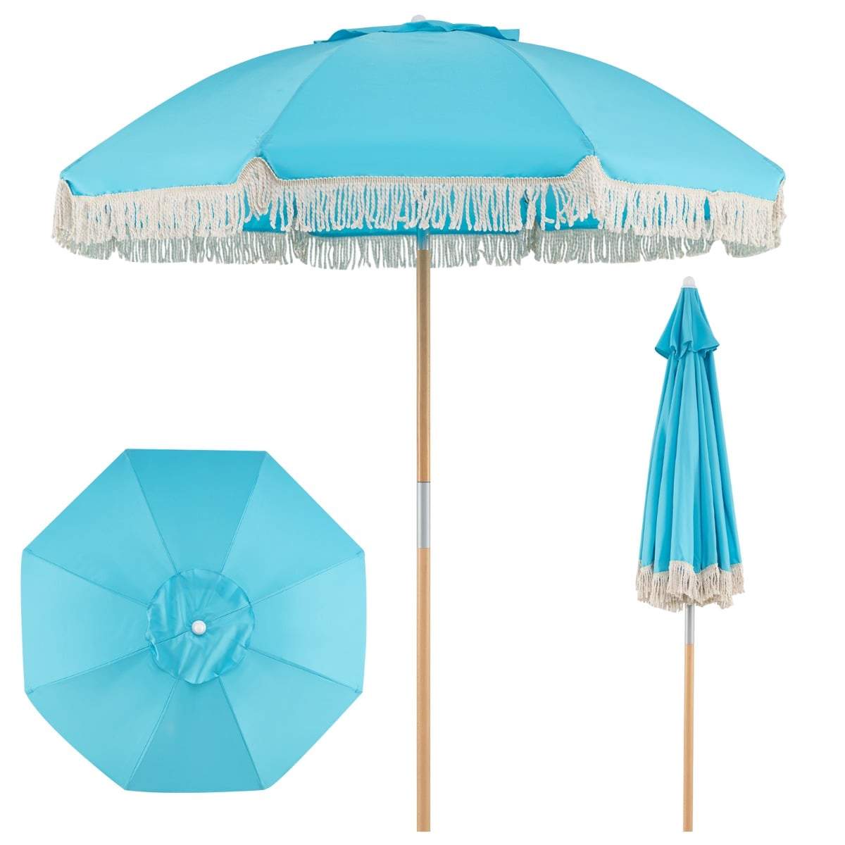 Boho terrasseparasol, 170 cm, blå, justerbar hældning