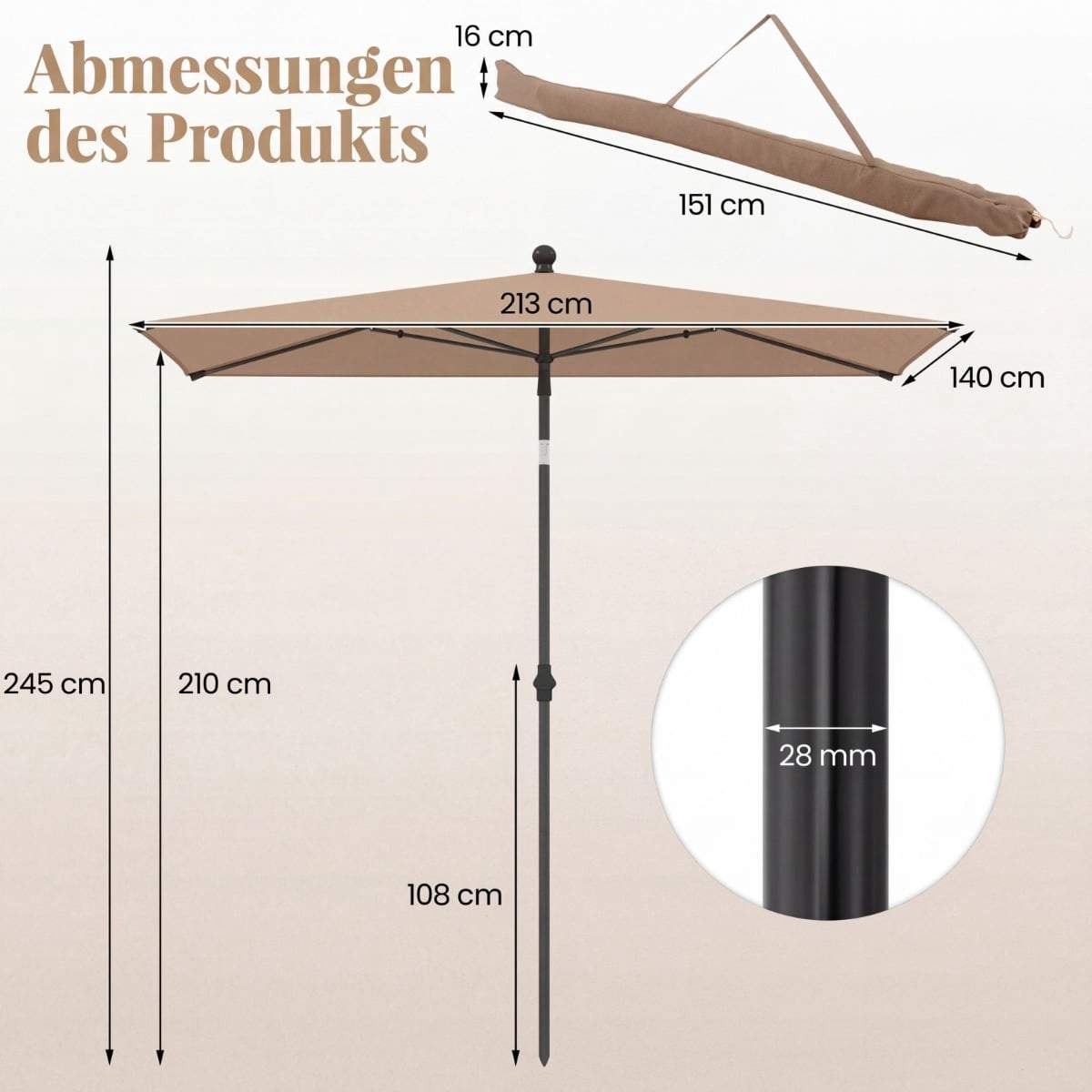 Rektangulær balkonparasol – justerbar, brun, 213x140 cm