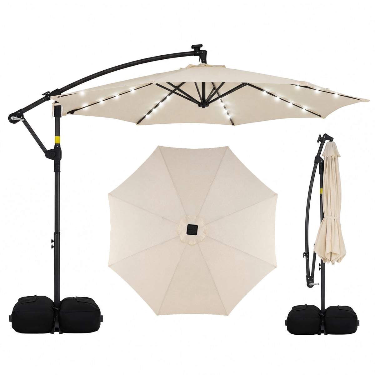 Solcelledrevet LED-terrasseparasol, 360 graders rotation, beige, 3 m