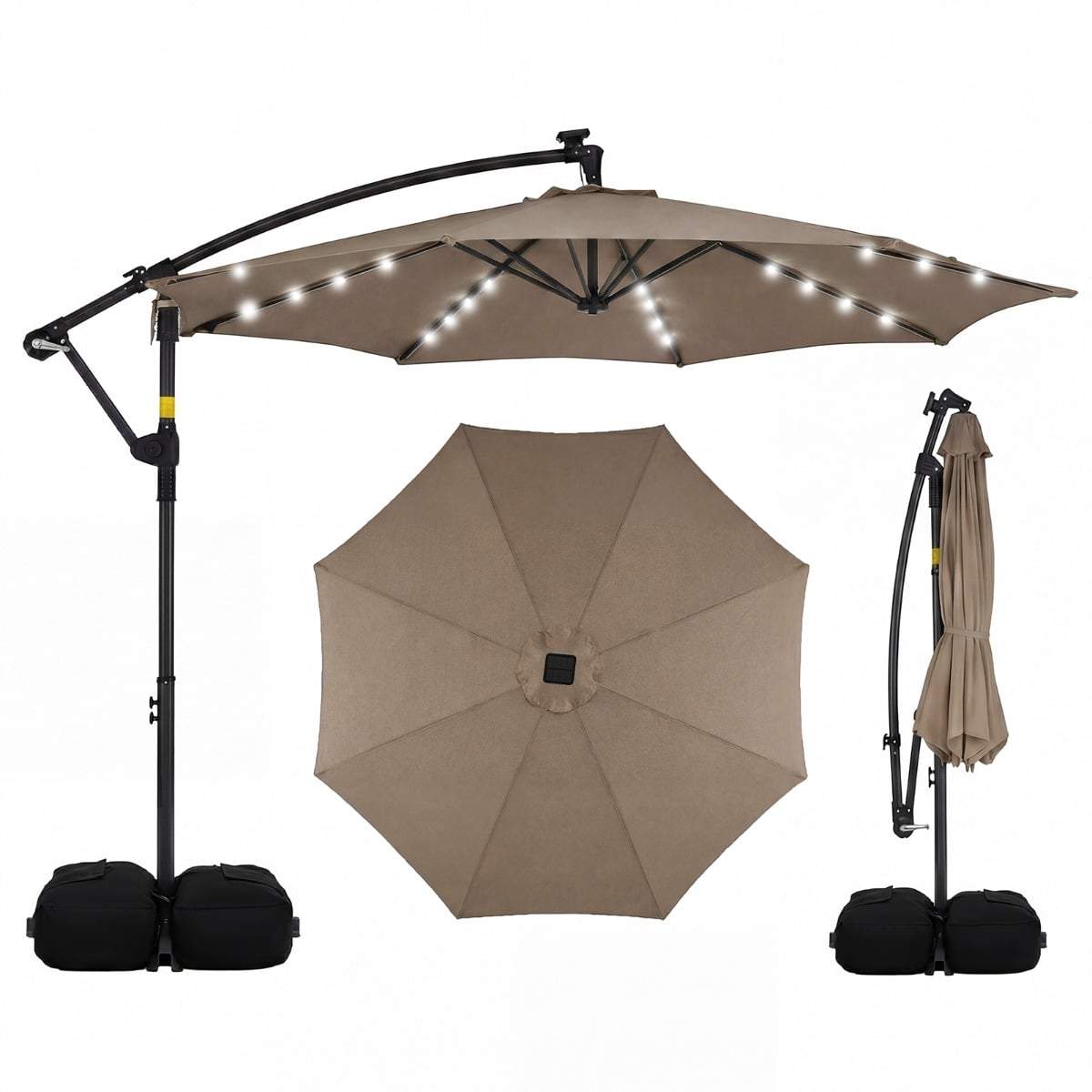 Solcelledrevet LED-terrasseparasol – 360 grader roterende, 3m x 2,4m