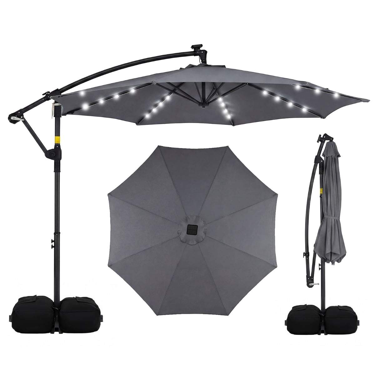 Solcelledrevet LED-terrasseparasol – 360 graders rotation, grå, 3 m