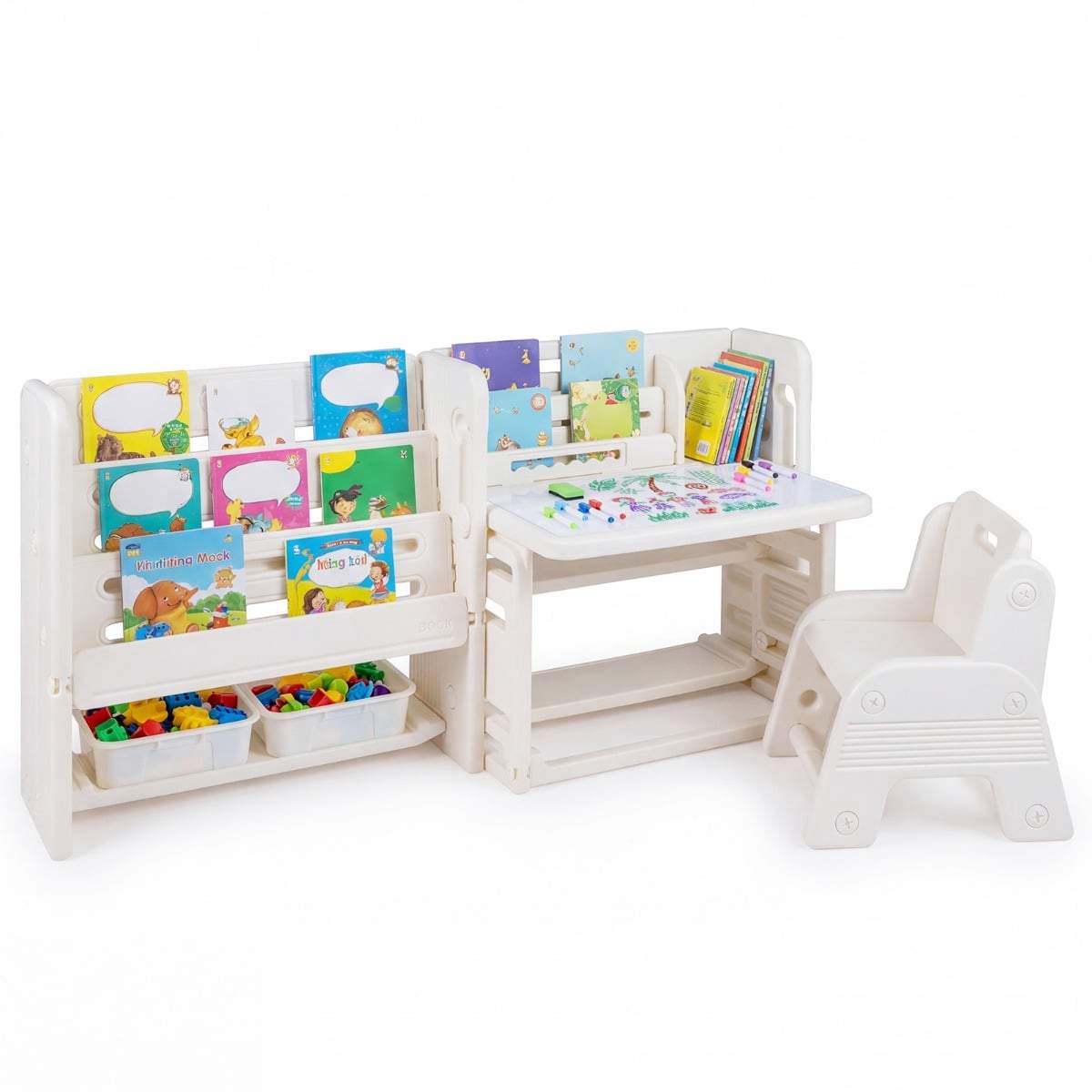 Børne skrivebordssæt med bogreoler, whiteboard og opbevaring