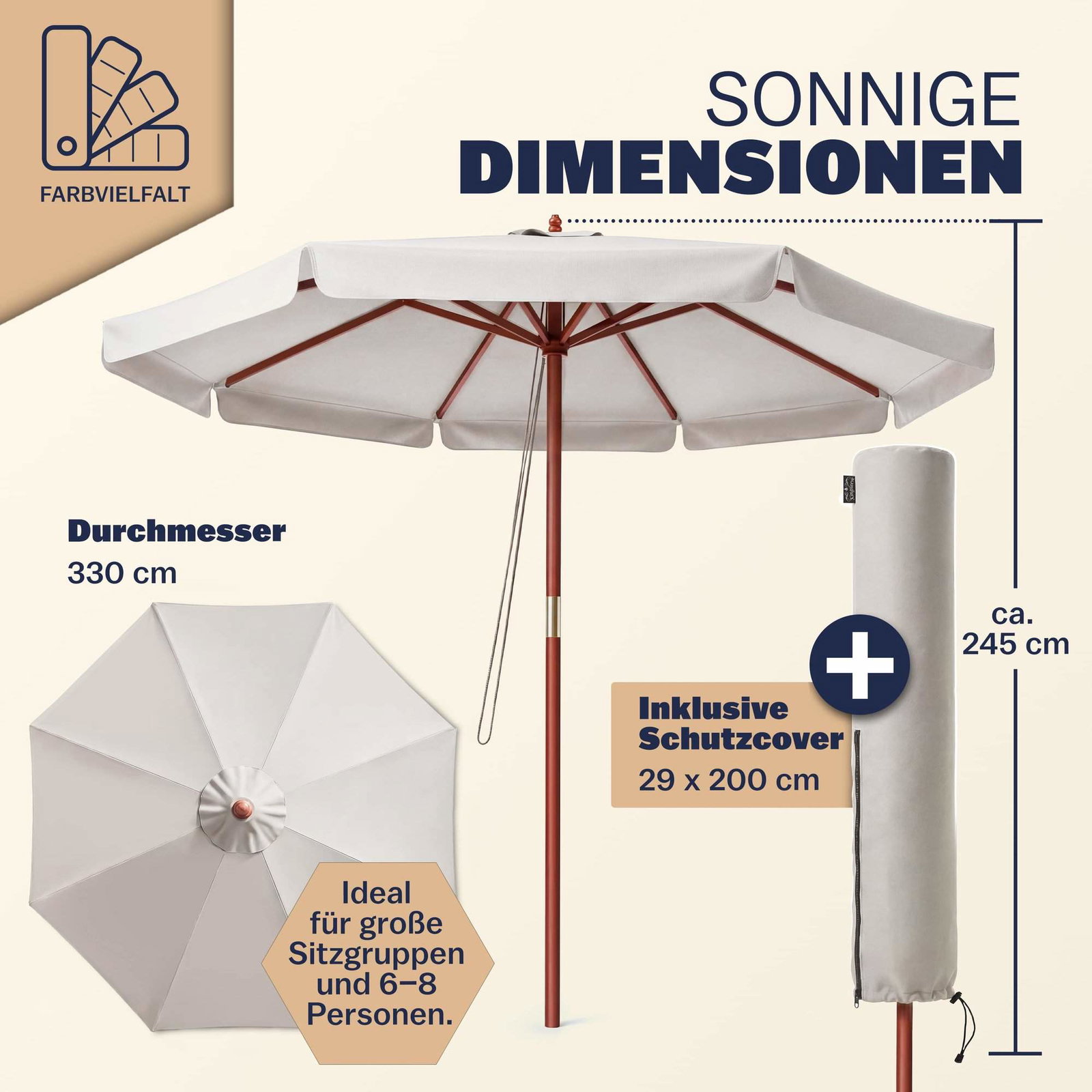 Beige träparasoll 330 cm – UV 80+ skydd, vattenavvisande | Hem & Hobby | Pryloteket