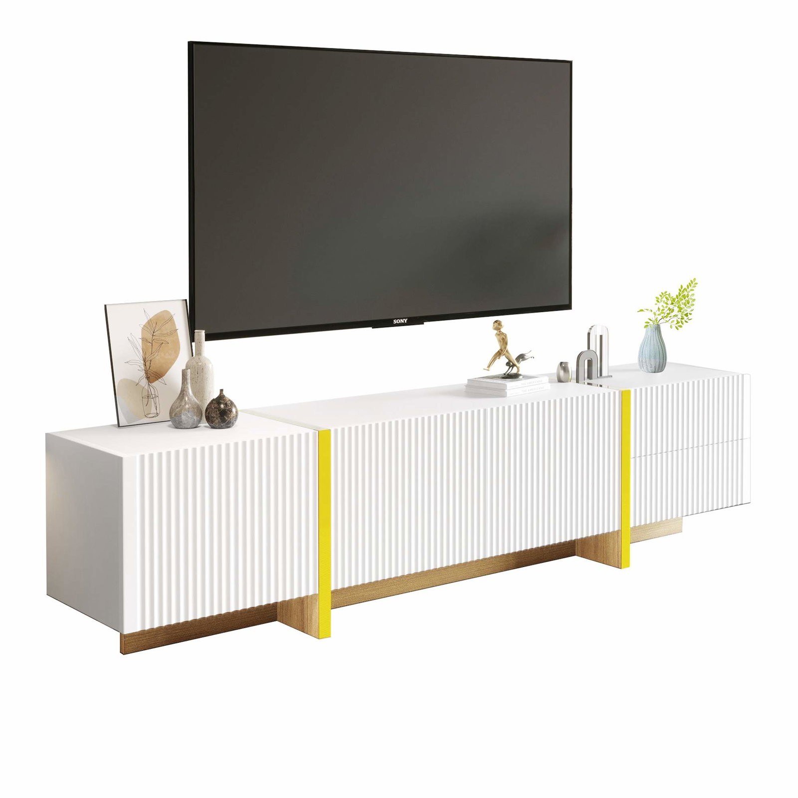 Hvidt TV-bord med opbevaring – 3 døre, 2 skuffer, 190 cm