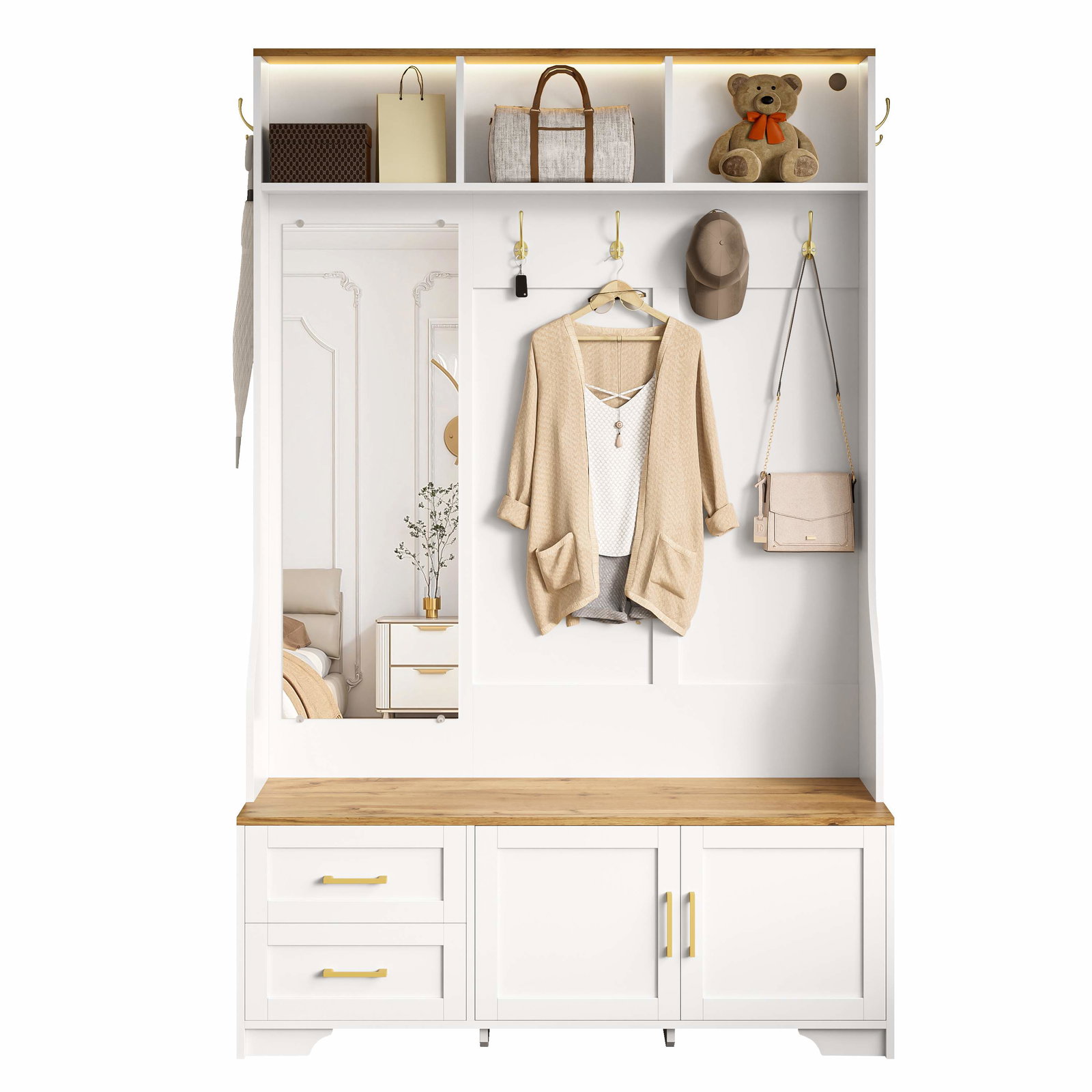 Garderobe til entré med LED, spejl, kroge og sæde