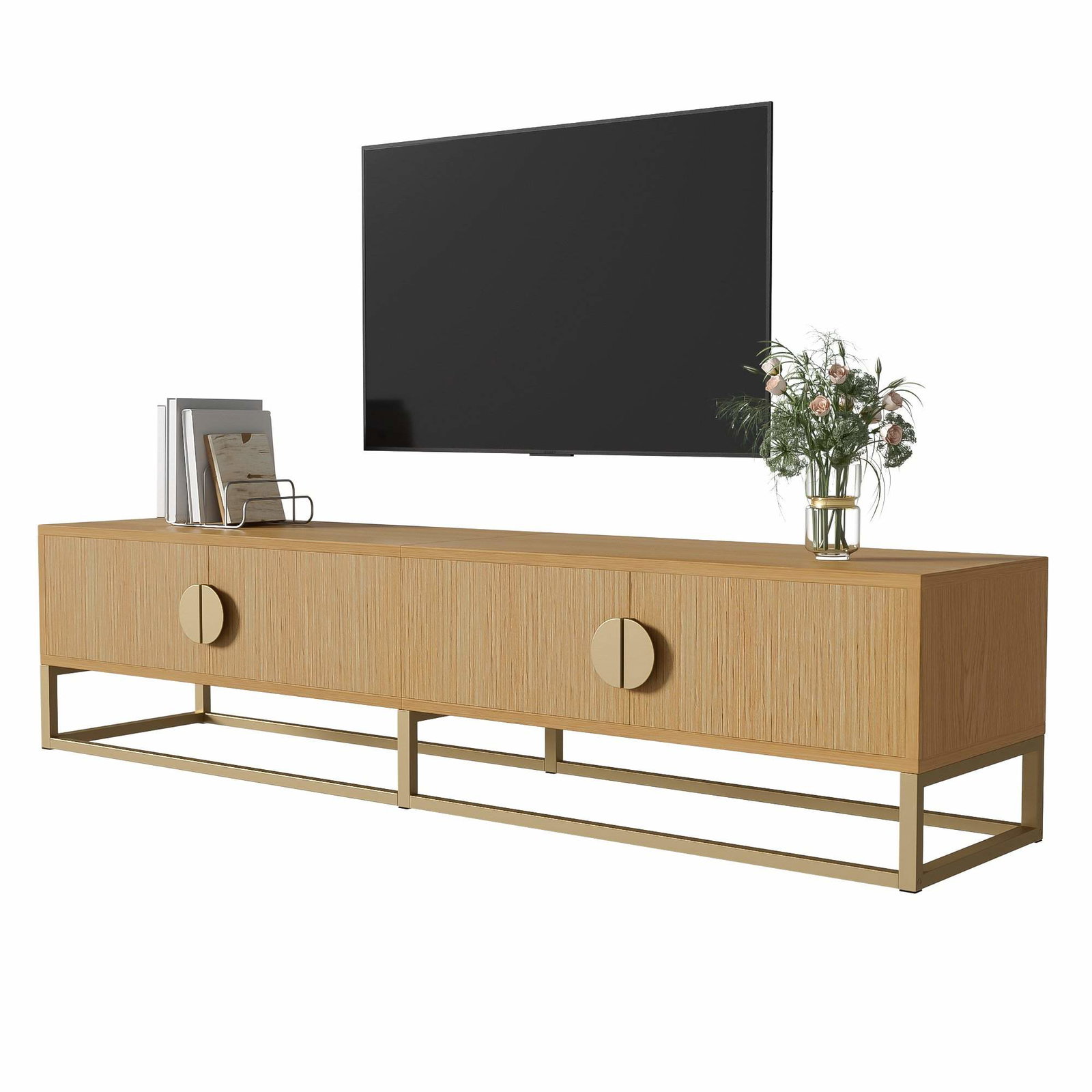 180 cm TV-bord med træstruktur – 4 døre, soft-close