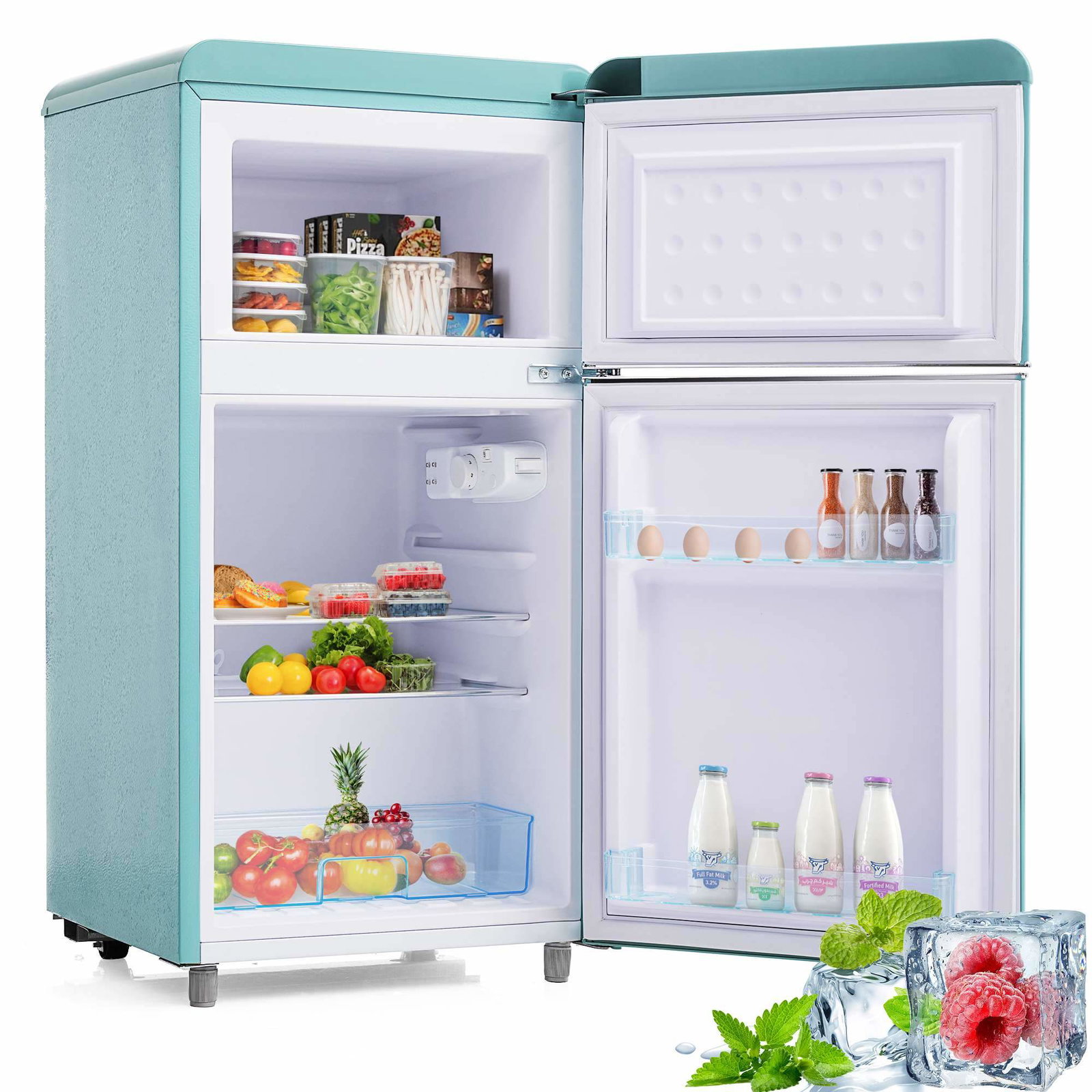 Retro køleskab med dobbeltdør – 72 l, energieffektiv, cyan