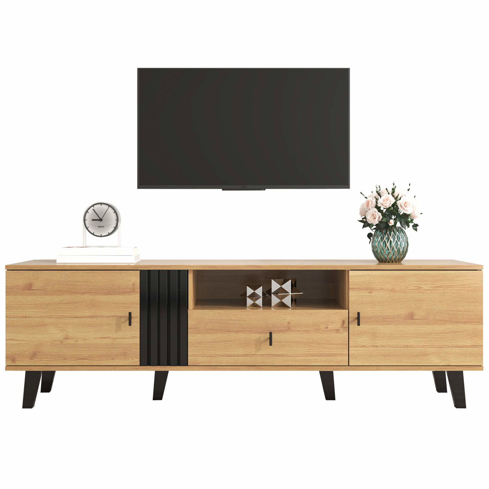 170 cm TV-bord – Træ & Sort, Opbevaringsskuffer