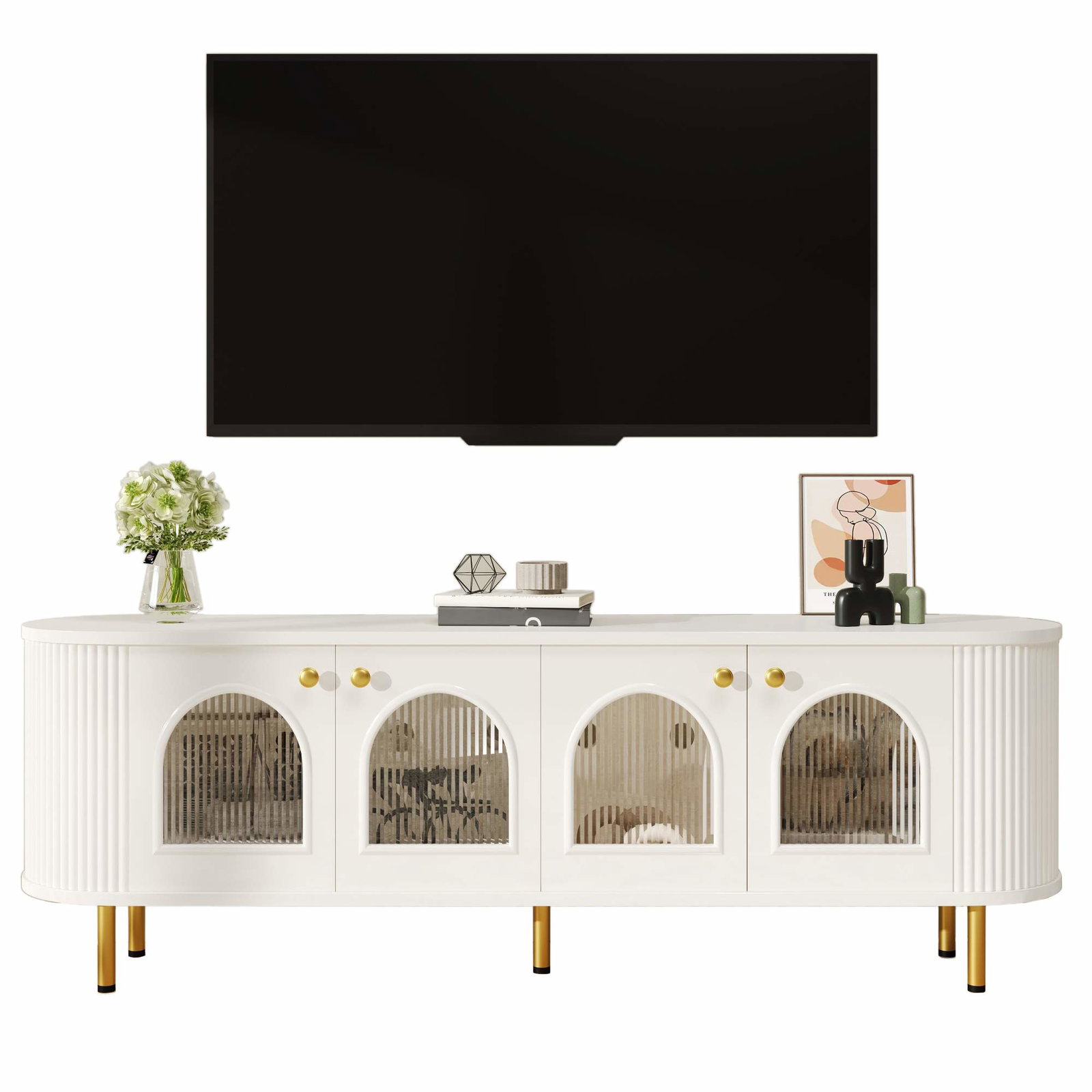 Hvidt TV-bord med glaslåger – gulddetaljer, 170 cm