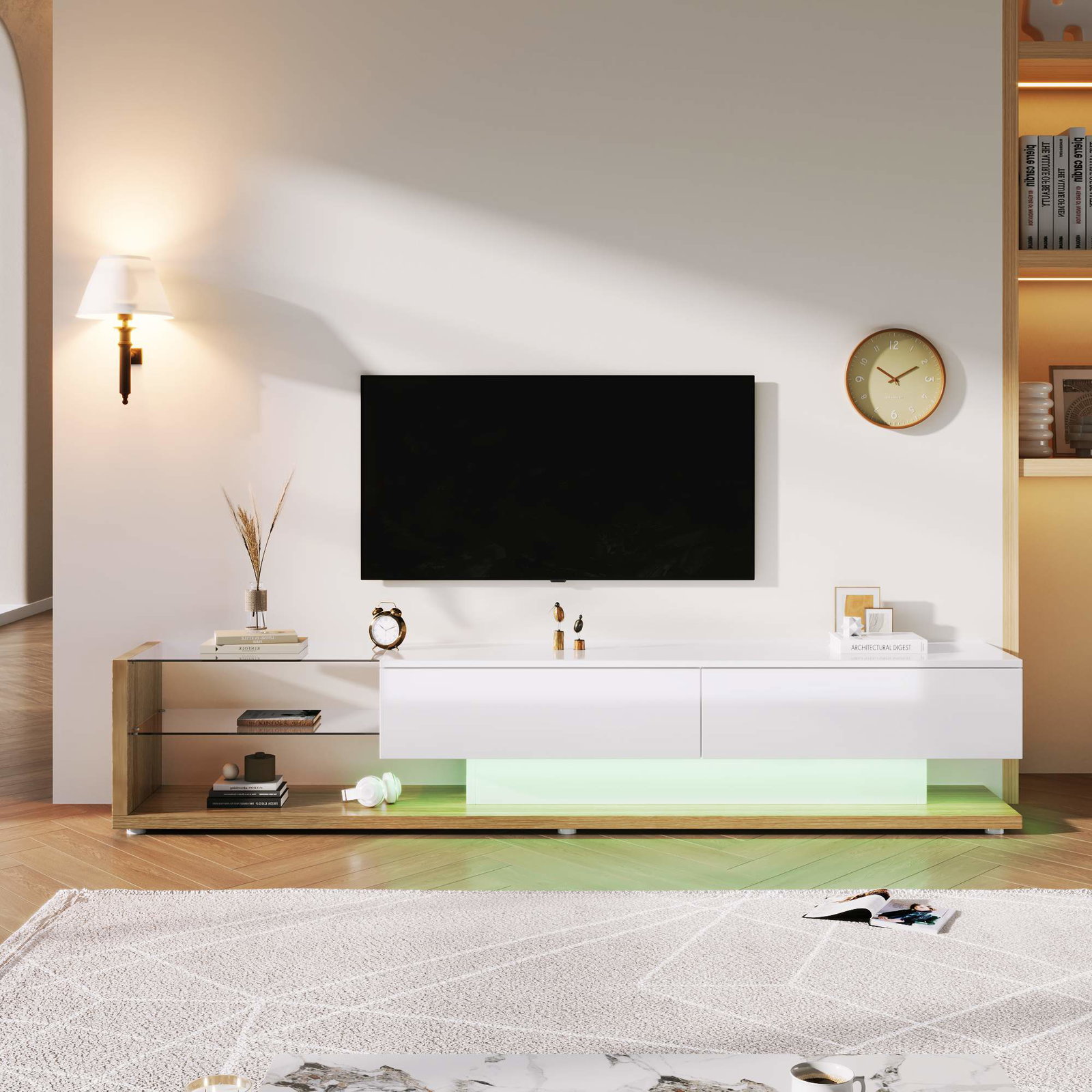 Højglans TV-bord – Hvid & Træ, LED-belysning