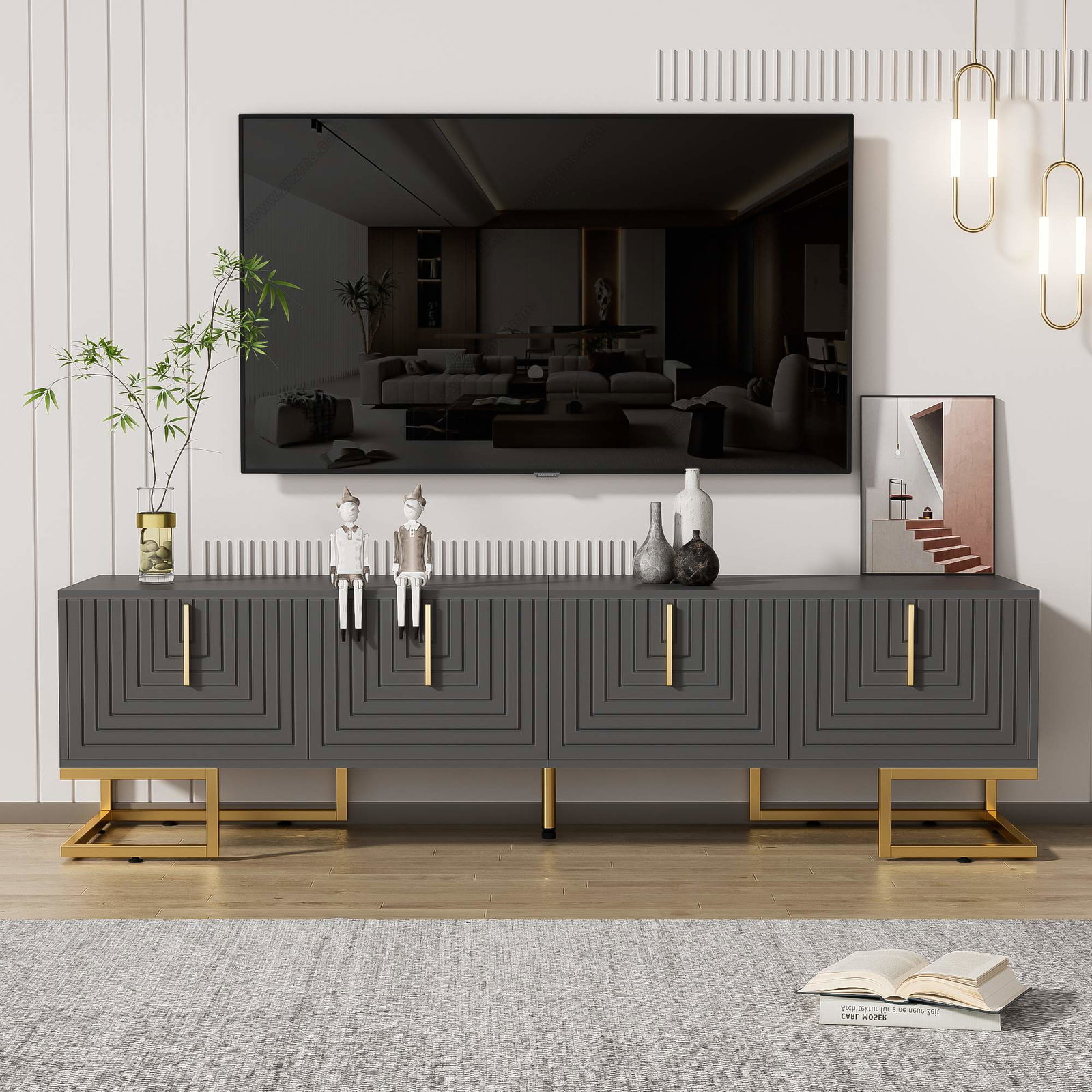 TV-bord med teksturerede døre, gulddetaljer, 170 cm