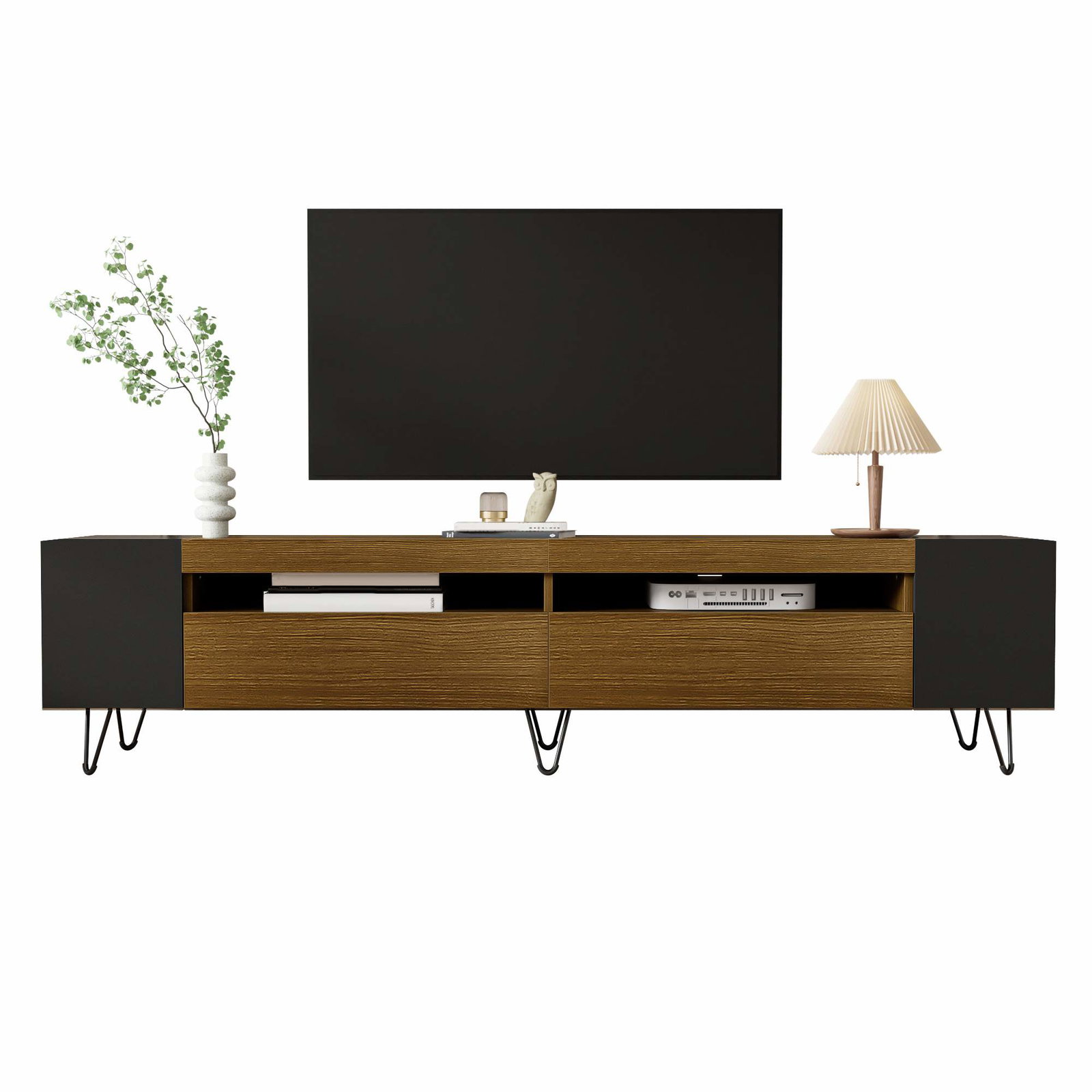 Moderne TV-bord, sort og træfinish, 180 cm