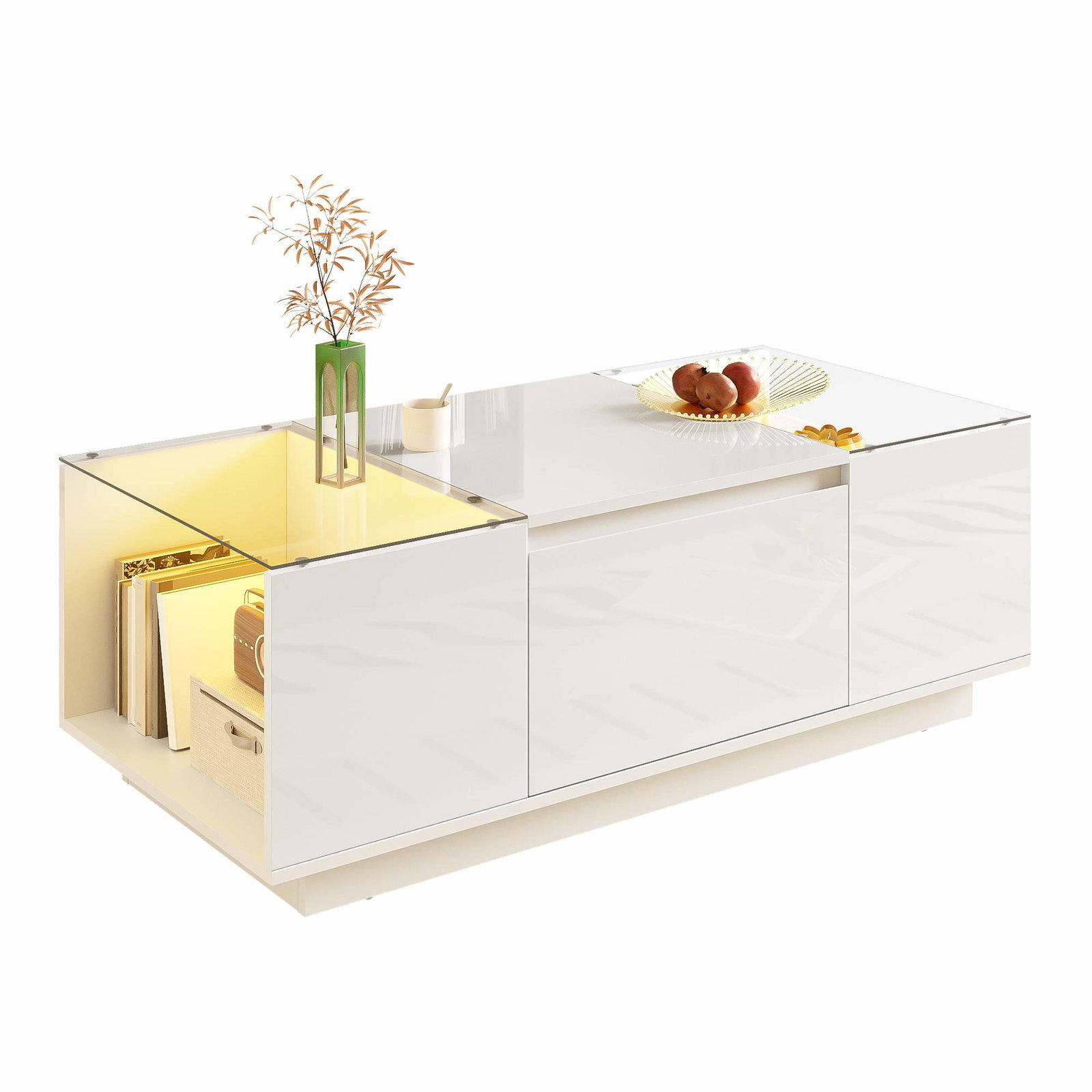 Moderne sofabord med opbevaring, LED-lys, glasplade