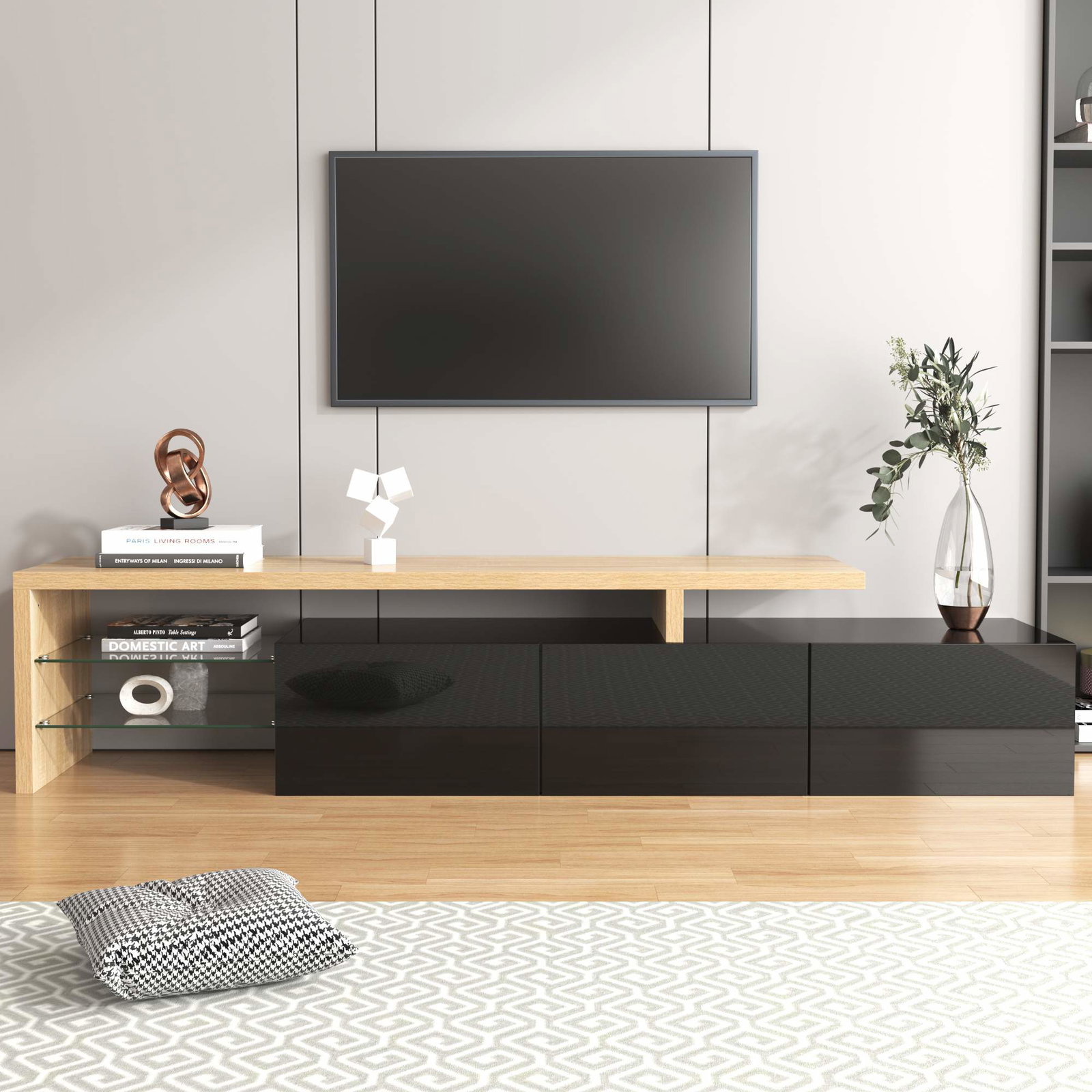Sort, højglans TV-bord med LED-lys og opbevaring