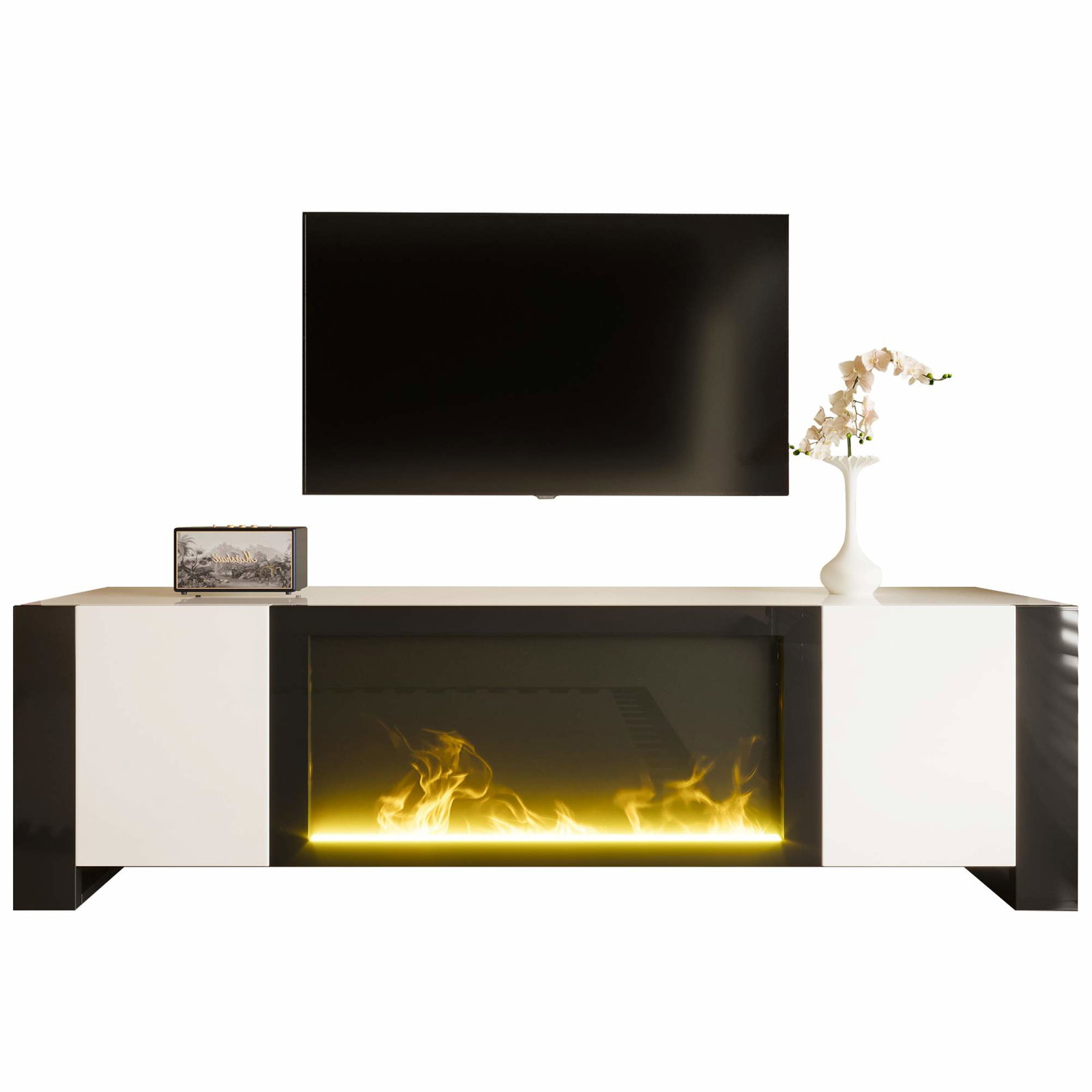 TV-bord med elektrisk pejs, blank hvid finish