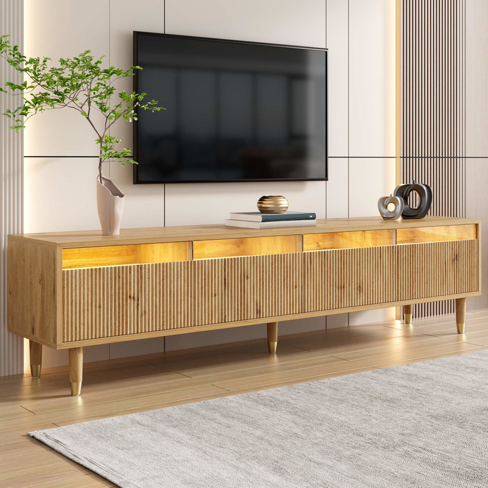 Moderne TV-bord med trælook, 178 cm, 4 skuffer, MDF og akryl