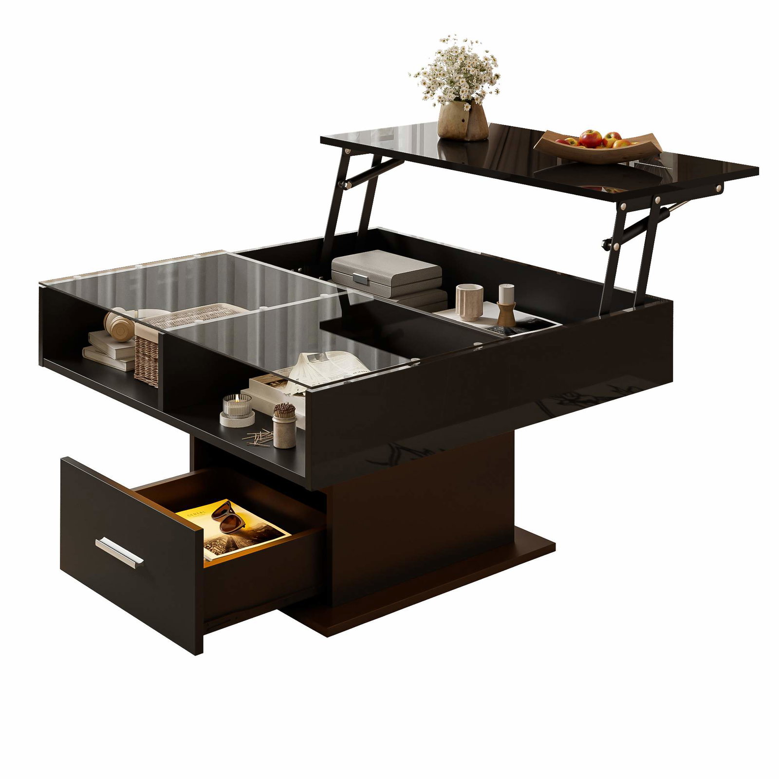 Justerbart LED-sofabord med opbevaring – blank sort