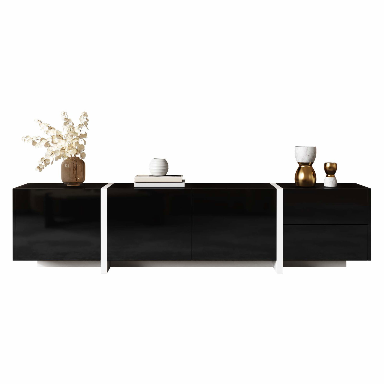 Sort-hvidt TV-bord med LED-lys, 170x30x39 cm