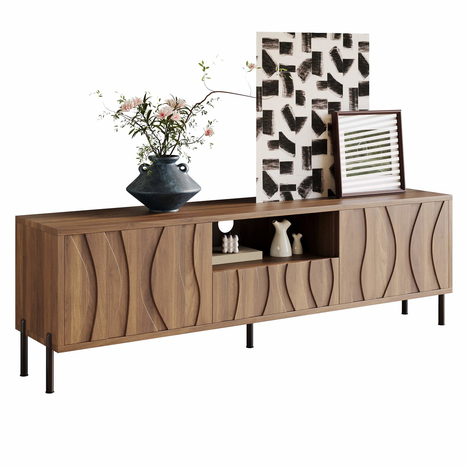 TV-bord med bølgeformede låger – Naturlig MDF, 160 cm