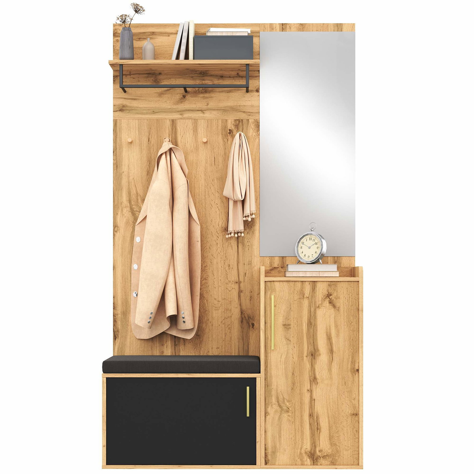 Kompakt garderobe med spejl, bænk og skohylde