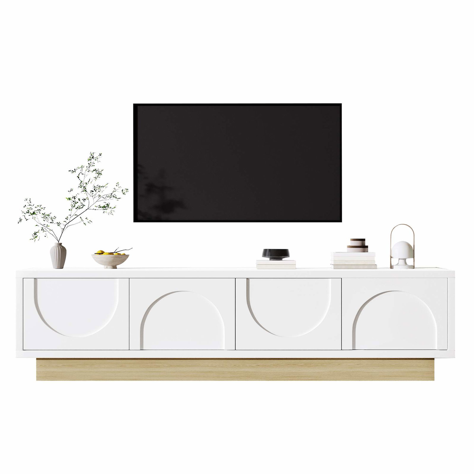 Hvidt TV-bord med træstruktur – 175 cm – Kabelføring