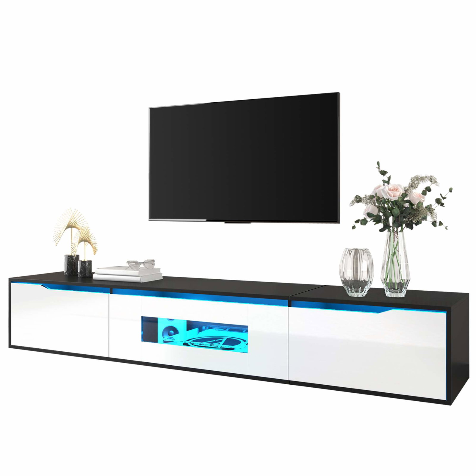 Blank sort-hvid TV-bord med LED-lys, 180 cm