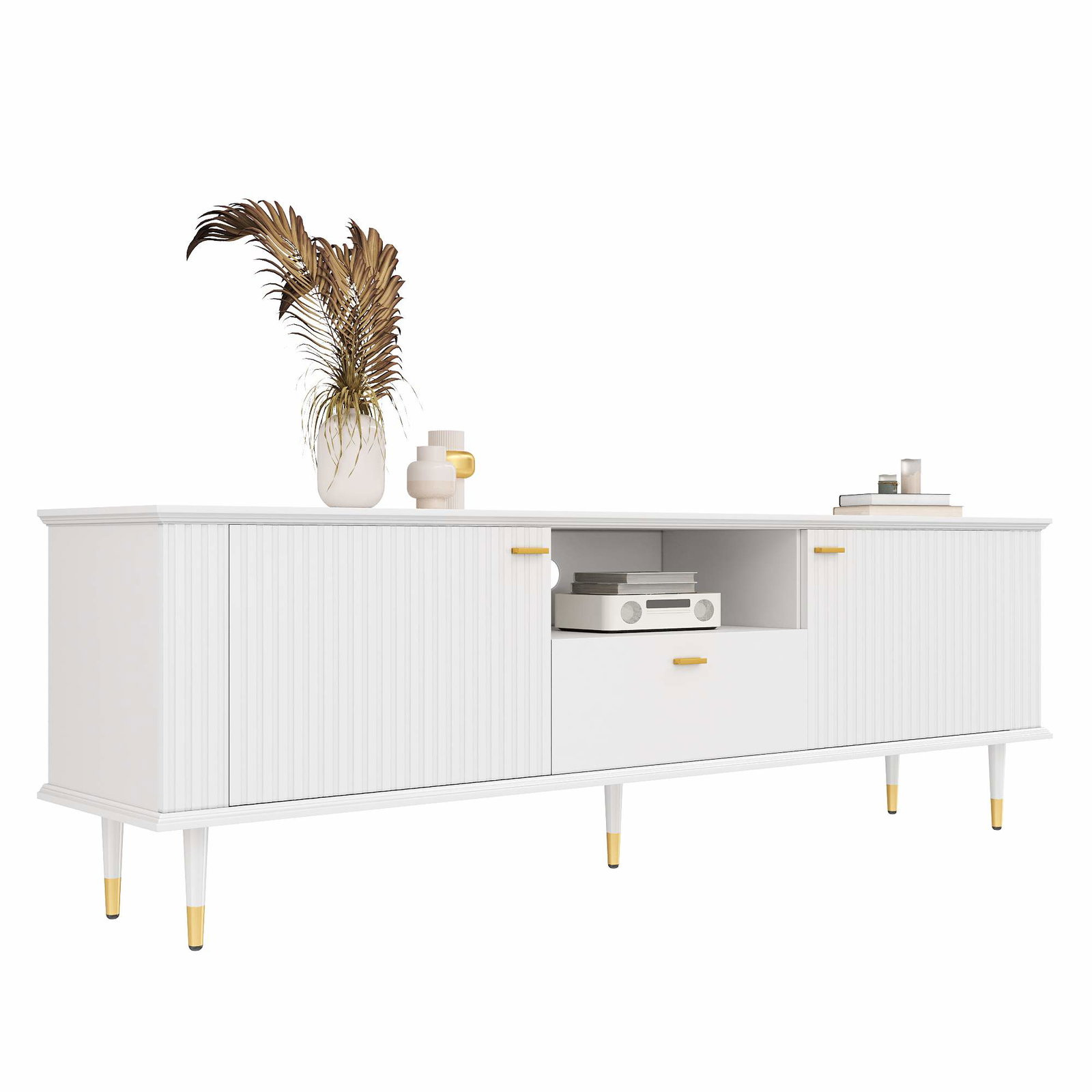 Hvidt MDF TV-bord – Soft-Close, gulddetaljer, opbevaring