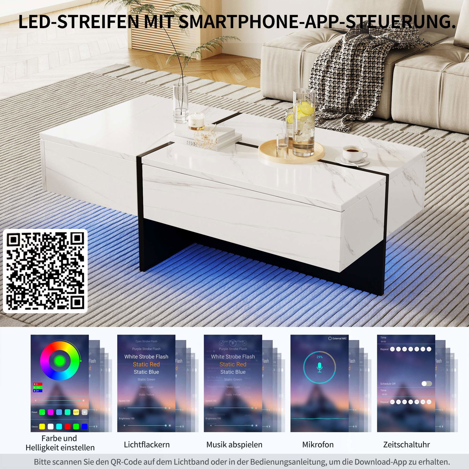 Sofabord med LED-lys – Sort & hvid marmorlook